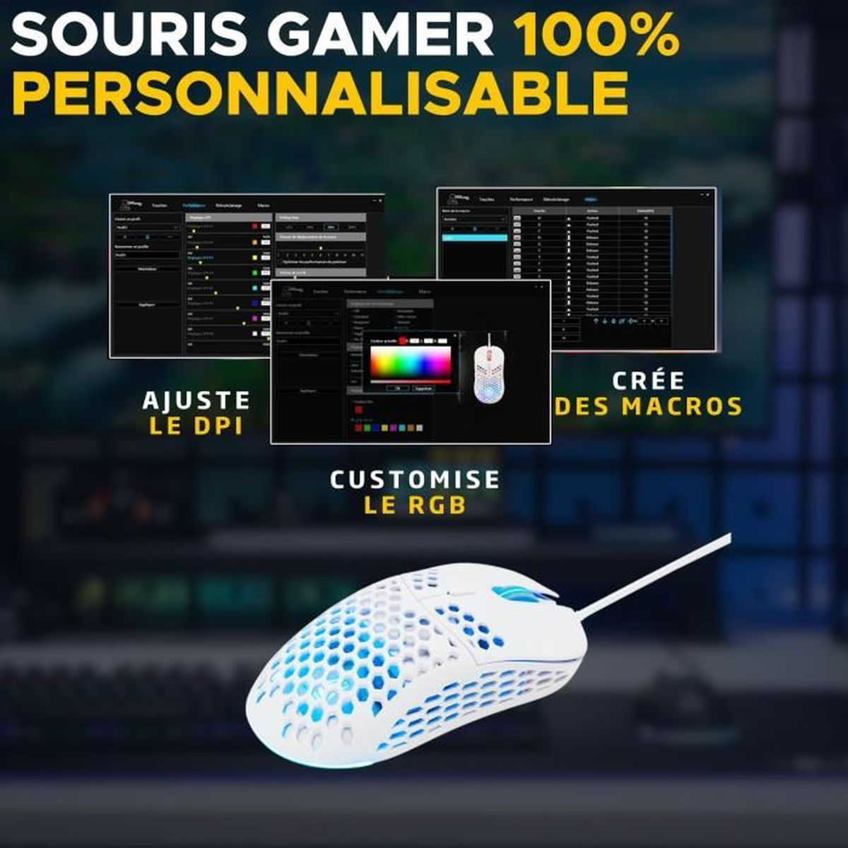 Anpassbare weiße Gaming-Maus mit RGB-Beleuchtung und Software-Fenstern.
