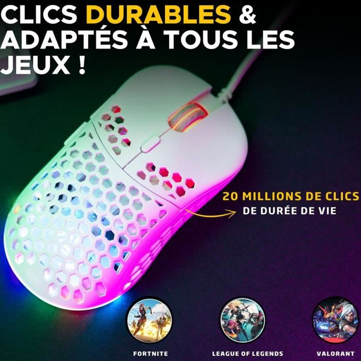 Weiße Gaming-Maus mit Wabenmuster und RGB-Beleuchtung auf schwarzem Hintergrund.