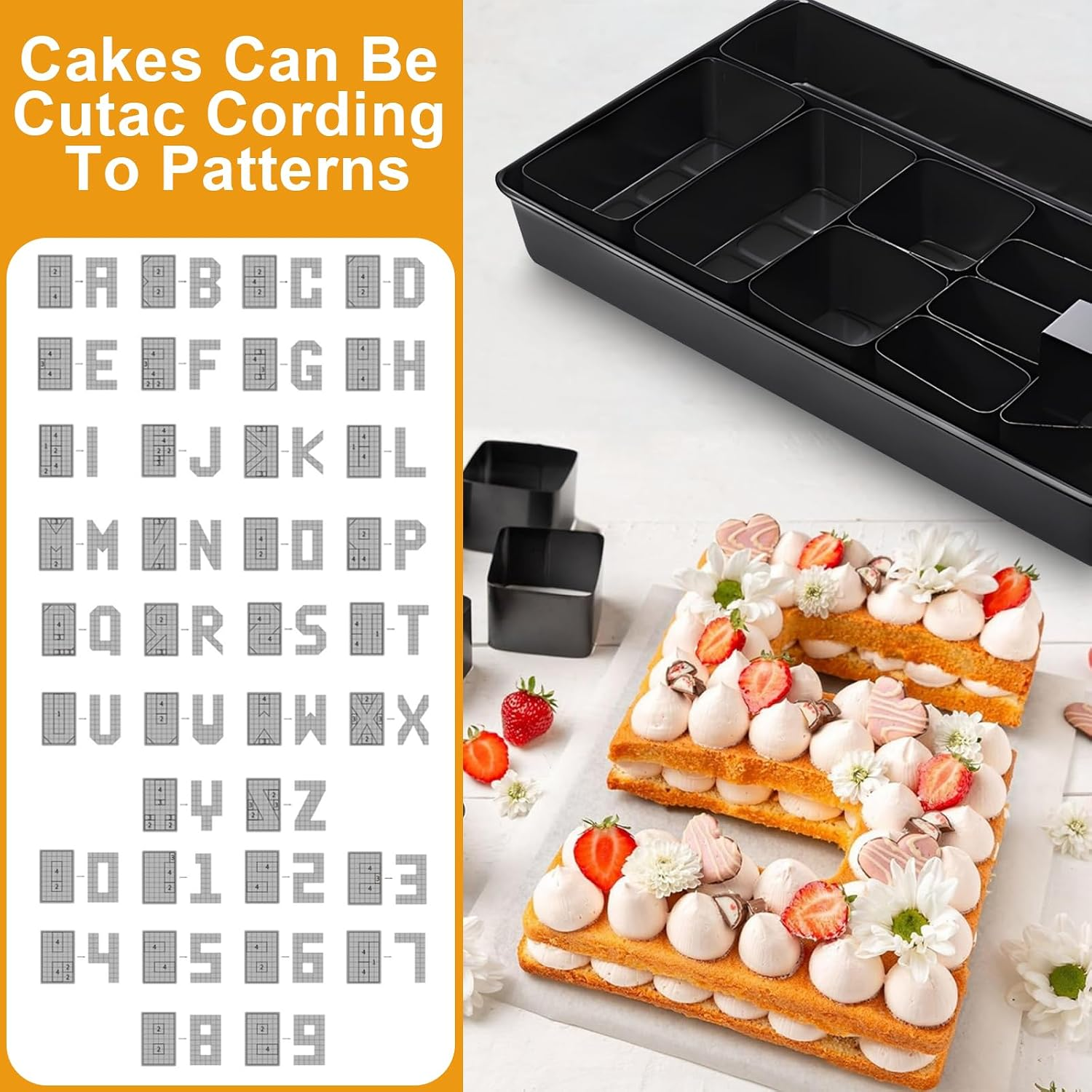 Eine modulare schwarze Backform neben einem buchstabenförmigen Kuchen mit Creme, Erdbeeren und weißen Blumen.