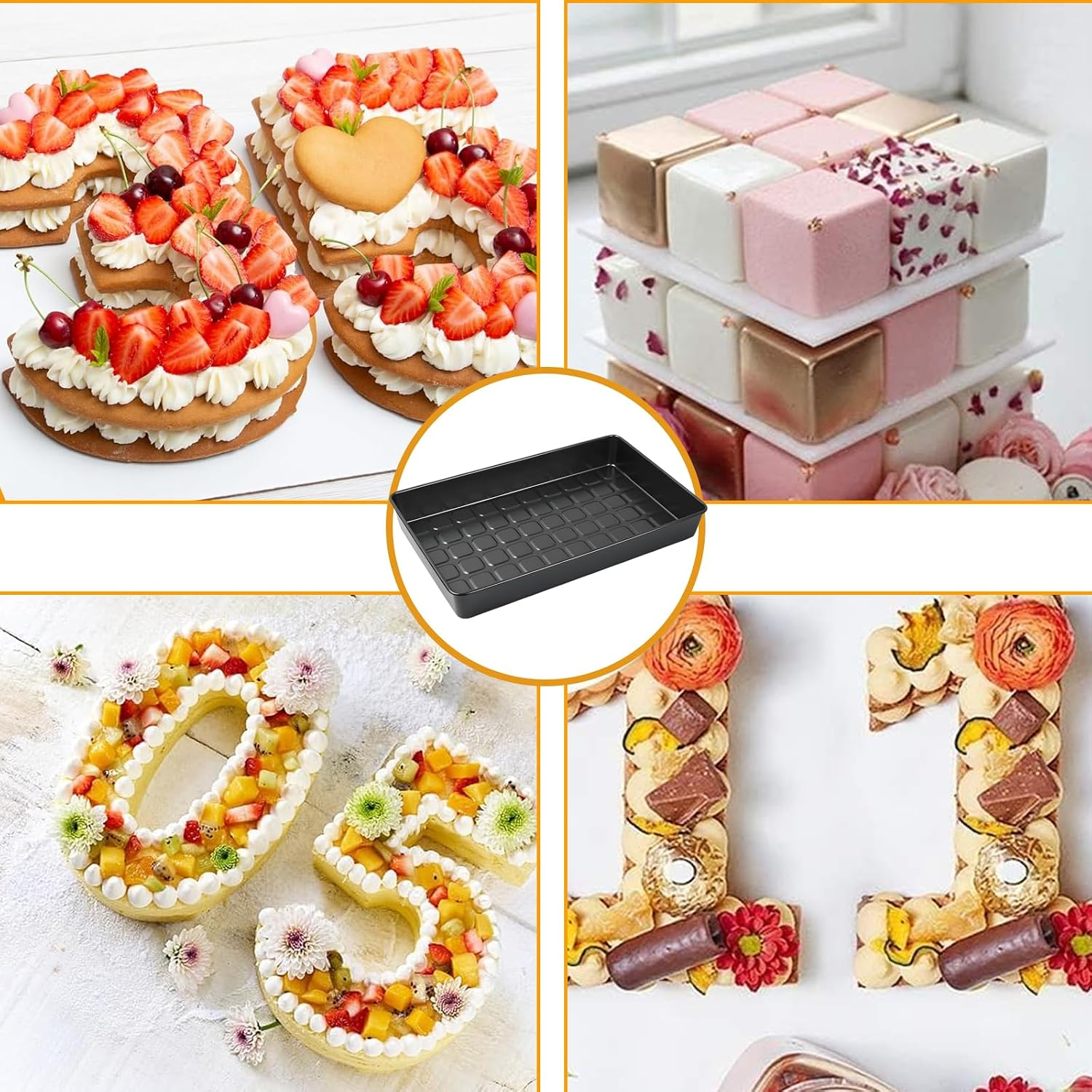 Collage aus Kuchen in Nummerform mit Früchten, Blumen und Schokolade, zentral eine schwarze Backform.
