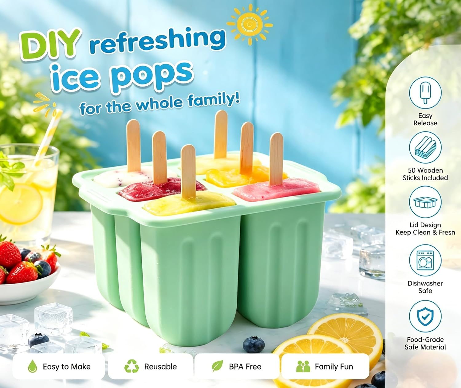 Grüne Eis am Stil Form mit bunten Fruchteiscremes, Beeren und Zitronen auf weißem Tisch.