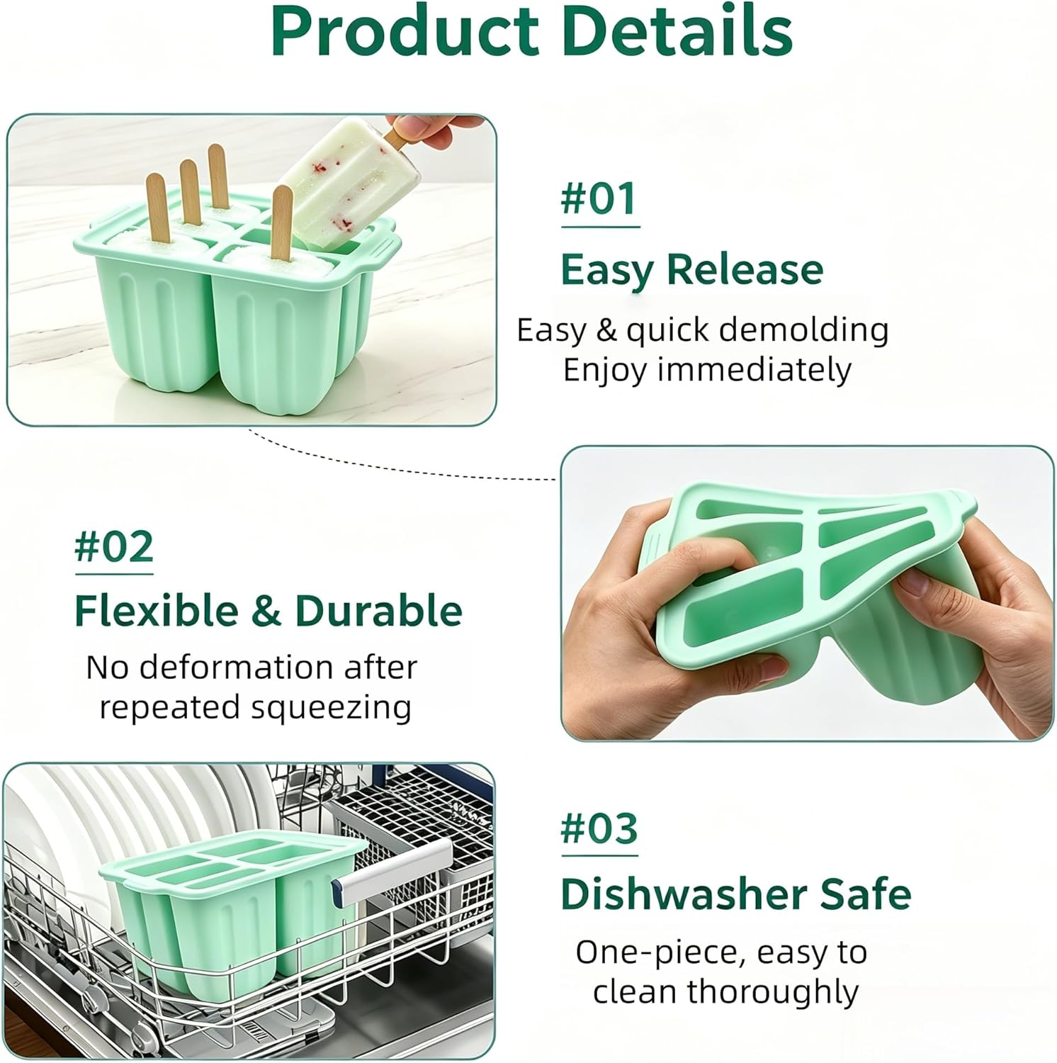 Produktdetails für grüne Eissilikonform: leicht lösbar, flexibel und spülmaschinenfest.