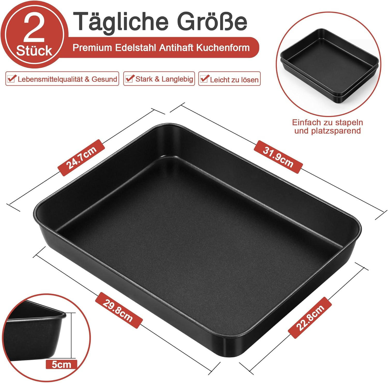 Schwarze rechteckige Backform mit markierten Maßen, die Tiefe, Länge und Breite anzeigen.