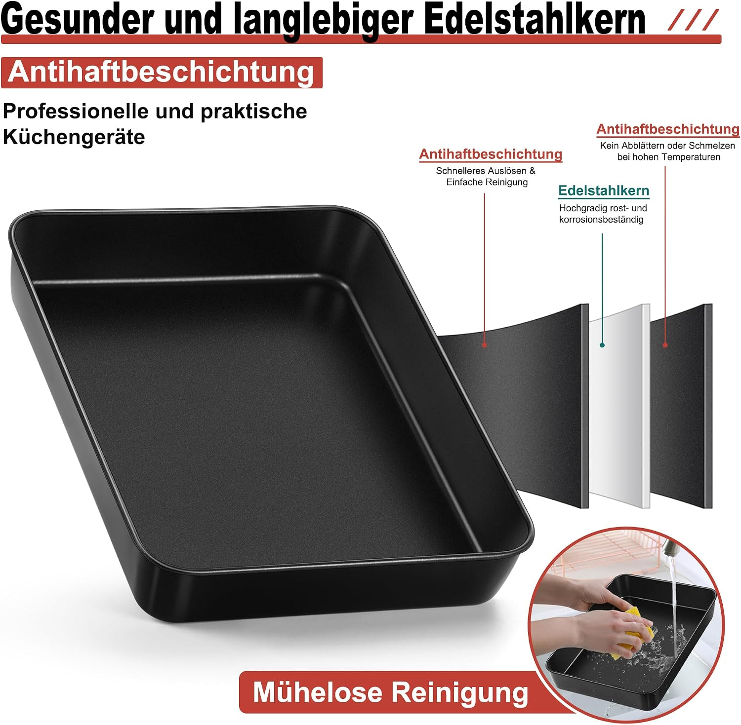 Schwarze Backform mit Edelstahıkern und Antihaftbeschichtung.