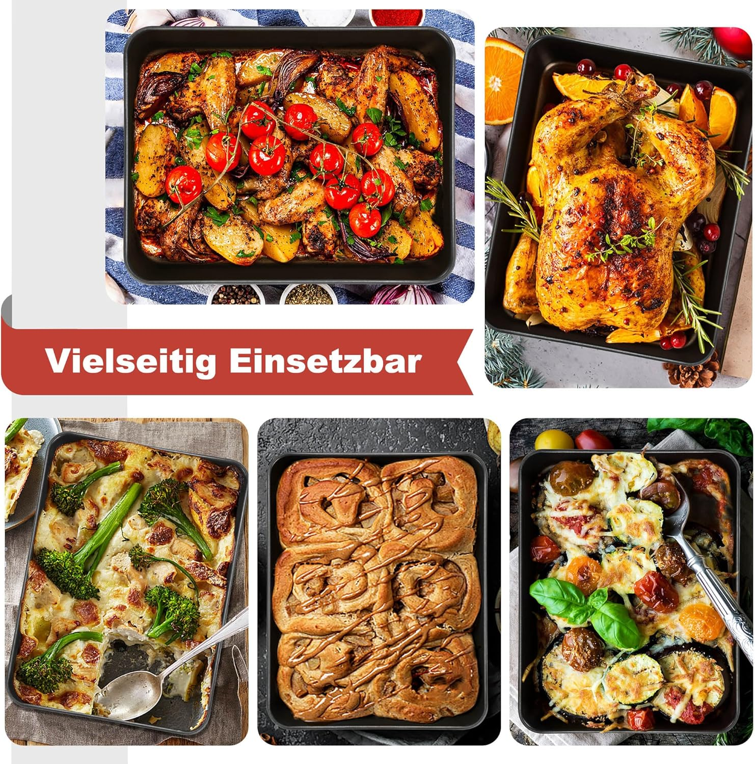 Verschiedene Gerichte in rechteckigen Backformen, darunter Hähnchen, Aufläufe und Zimtschnecken.