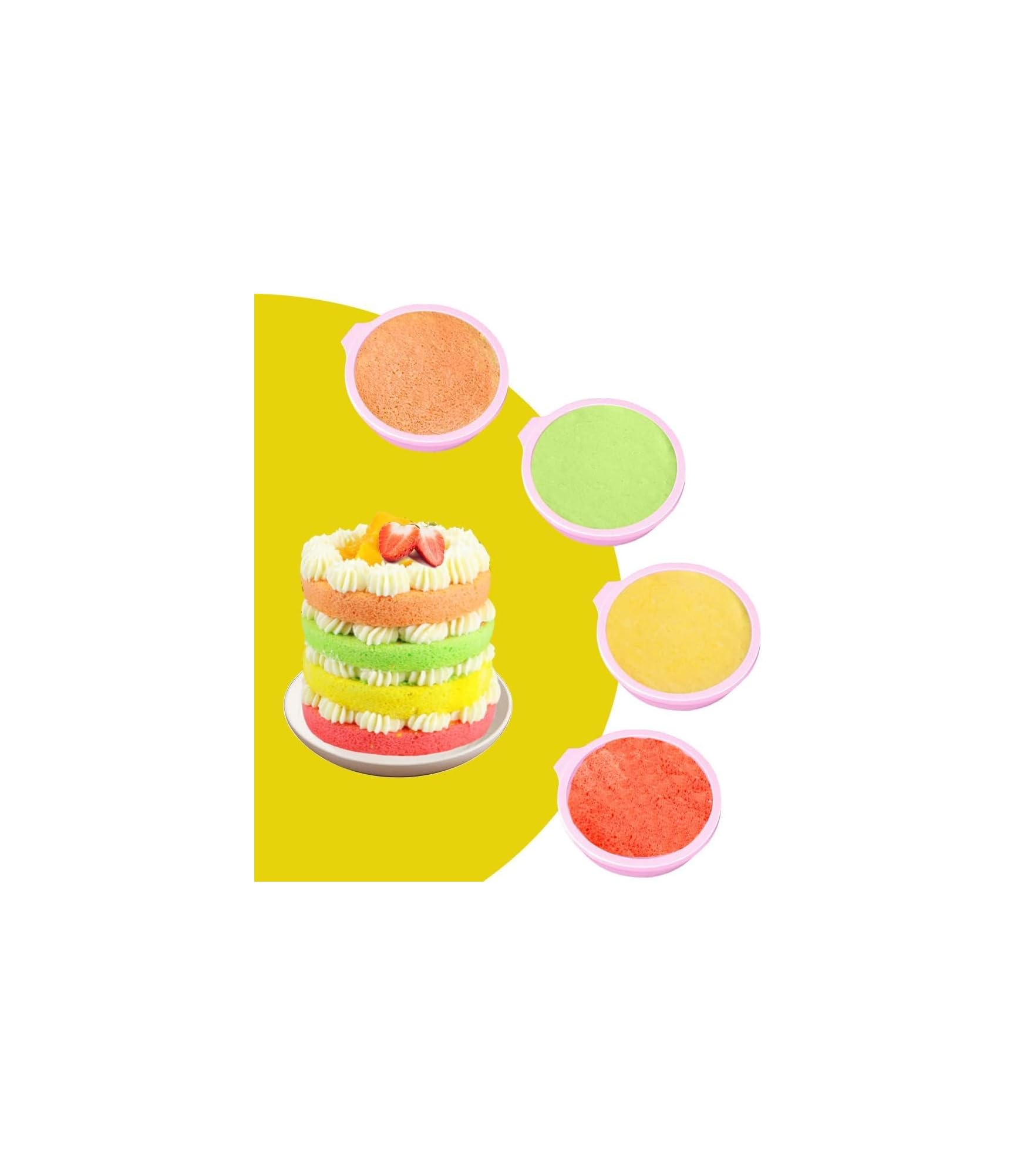 Ein mehrschichtiger bunter Kuchen mit vier runden Backformen in verschiedenen Pastellfarben.