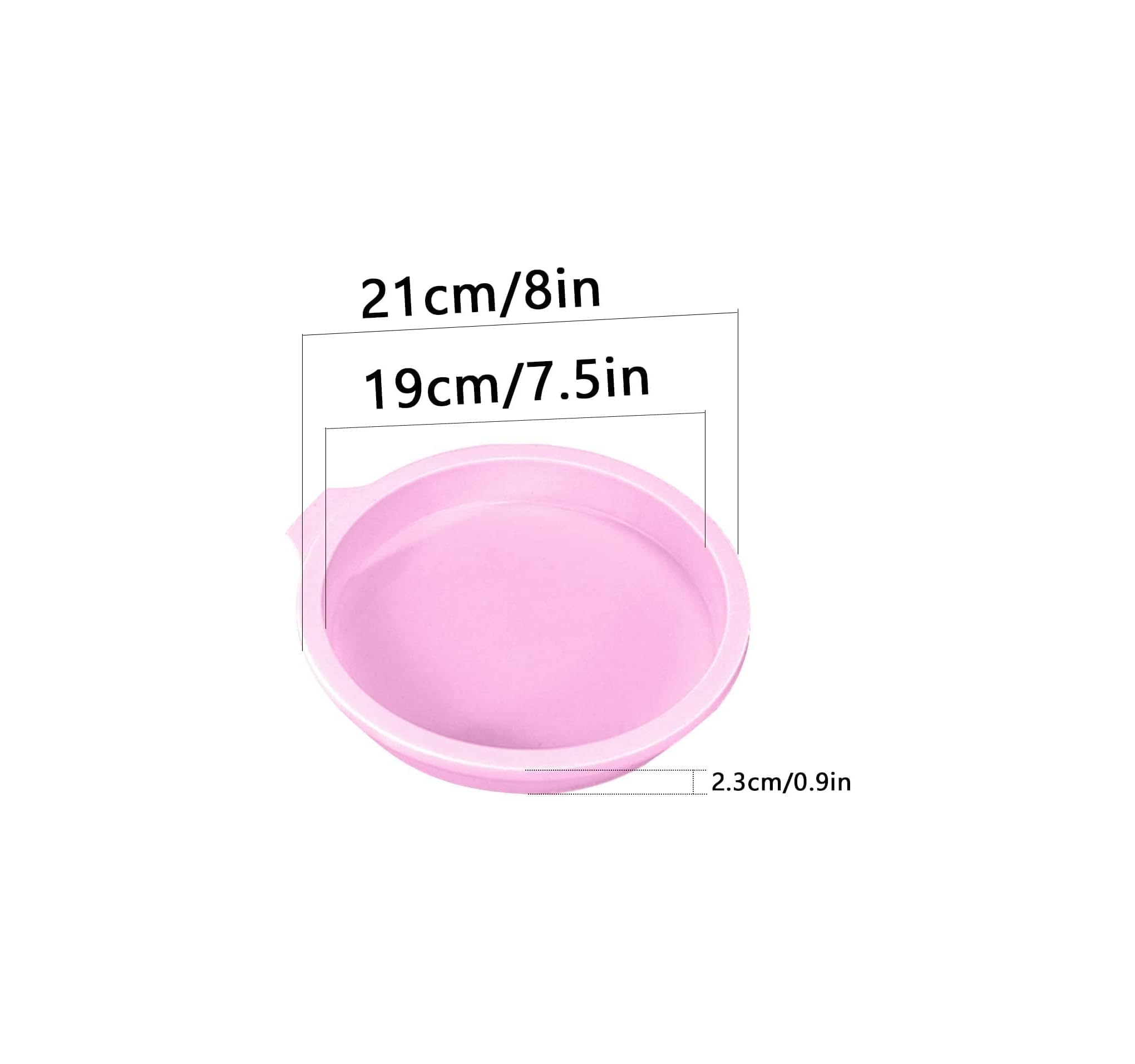 Eine rosa runde Silikonbackform mit Maßen von 21 cm, 19 cm und 2,3 cm auf weißem Hintergrund.
