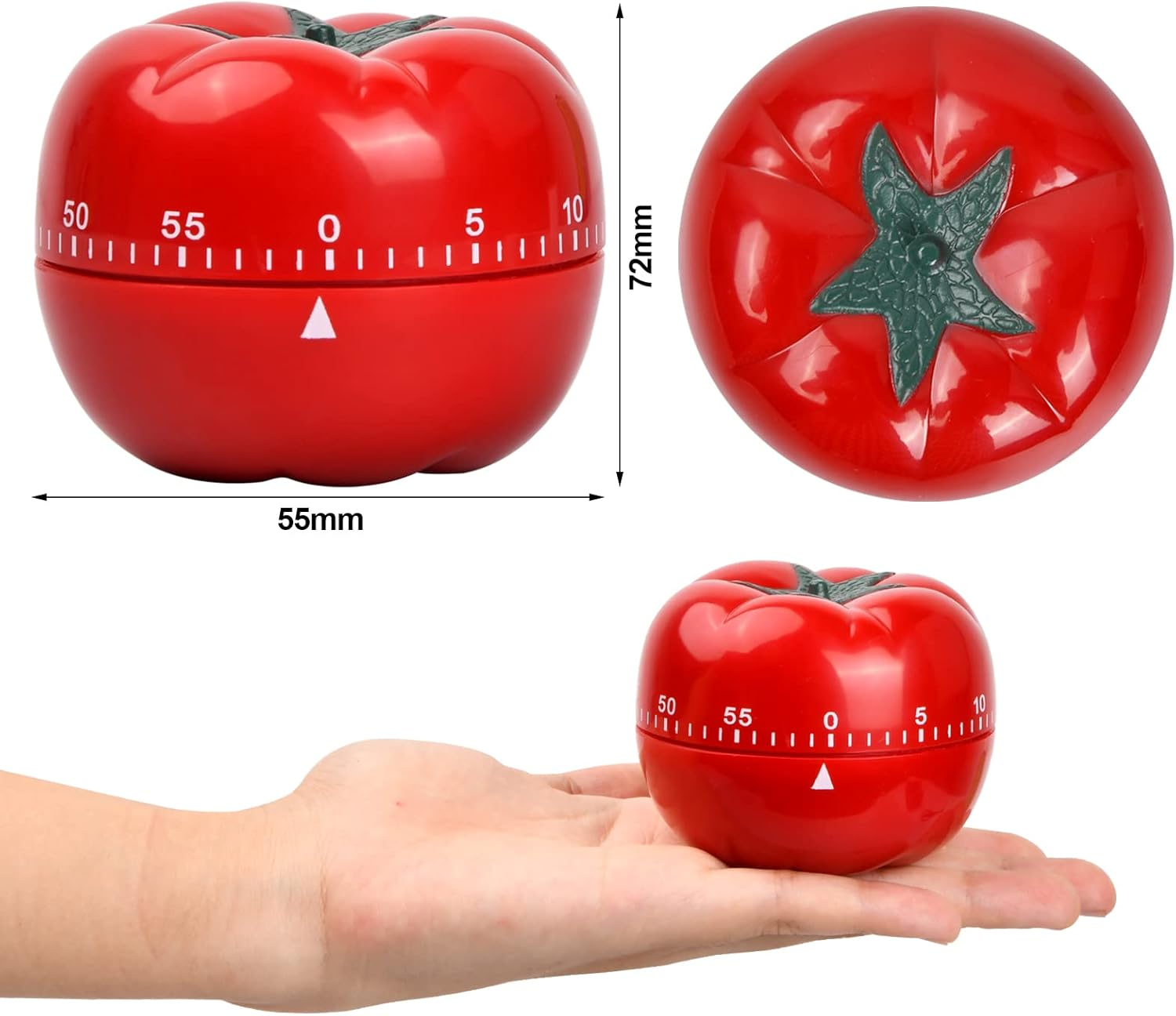 Roter Tomaten-Küchenwecker mit Maßangaben und Hand zum Größenvergleich.
