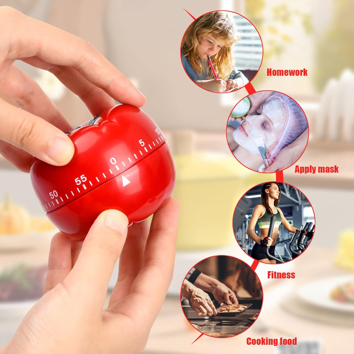 Roter Tomaten-Timer wird von Händen gehalten, mit kleinen Kreisen für Aufgaben wie Hausaufgaben und Fitness.