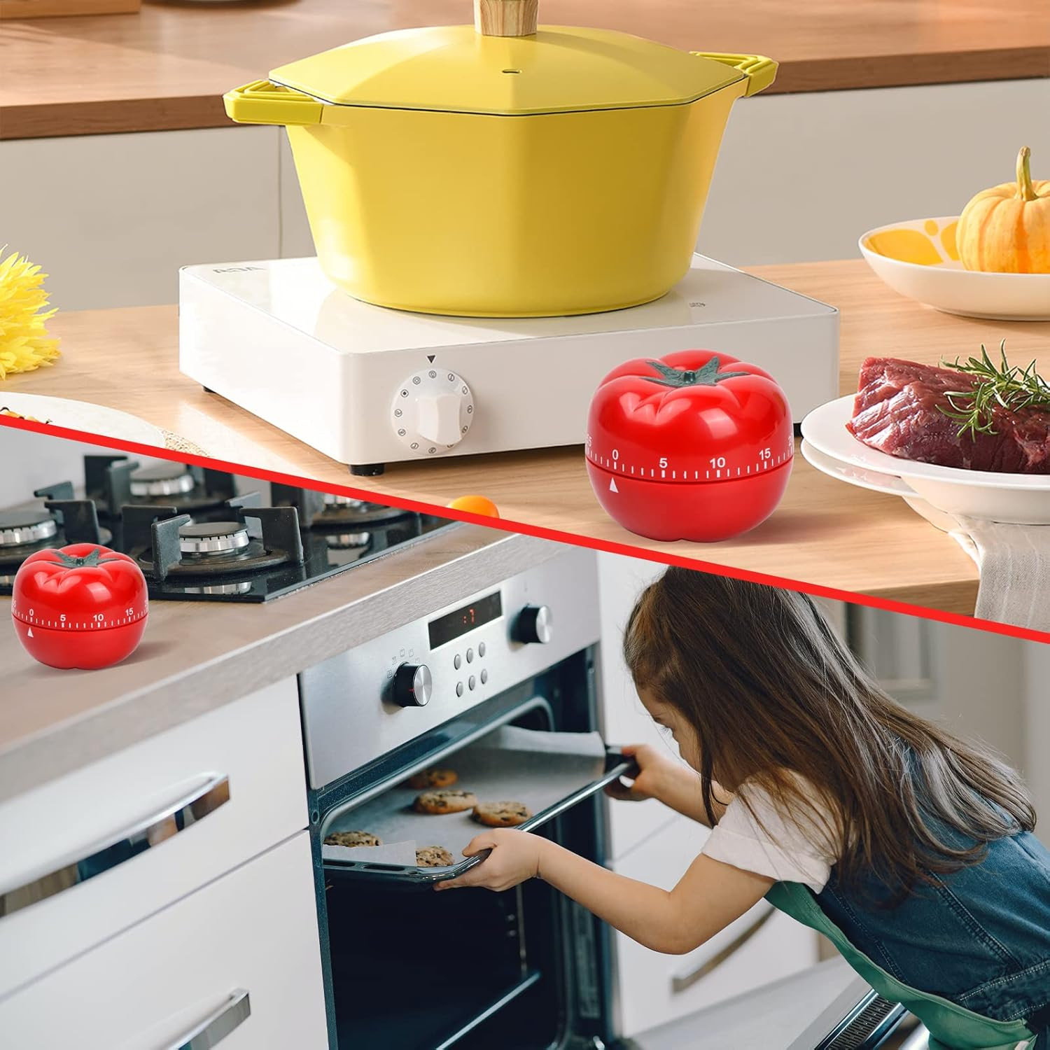 Ein geteiltes Bild mit einem roten Tomaten-Küchentimer auf einer Theke und einem Kind, das Kekse im Ofen backt.
