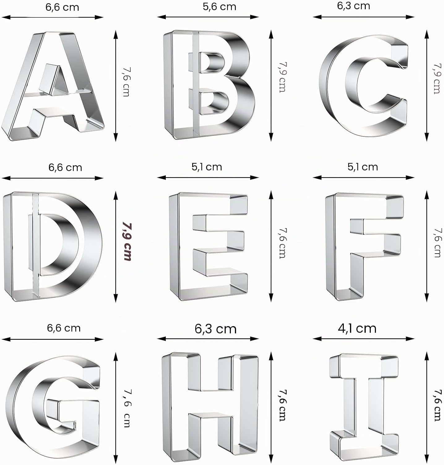 Metall-Ausstechformen in Buchstabenform A bis I mit Maßangaben.