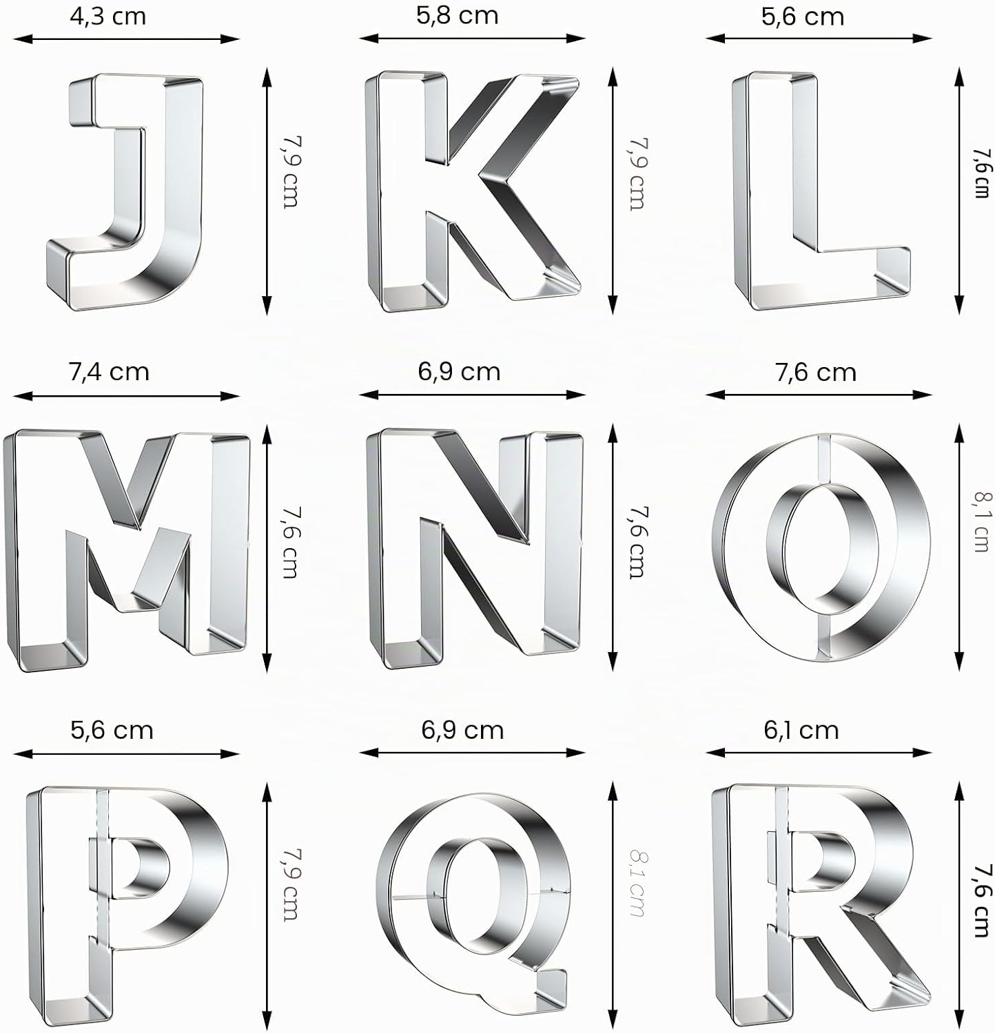 Silberne Metall-Ausstechformen in Form der Buchstaben J bis R mit Maßen.