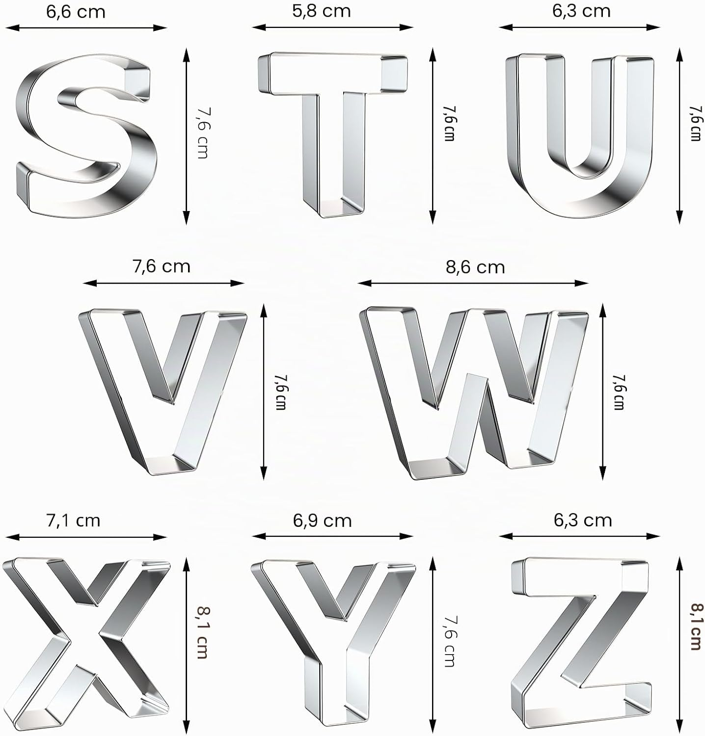 Metall-Ausstechformen in Buchstabenform von S bis Z mit Größenangaben.