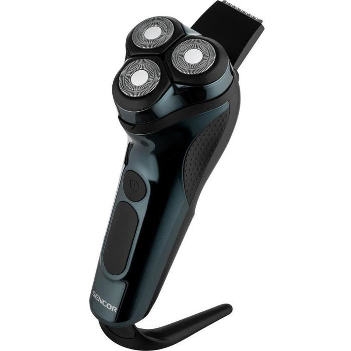 Rasoio elettrico Sencor nero con tre teste rotanti e rifinitore a scomparsa, su sfondo bianco.