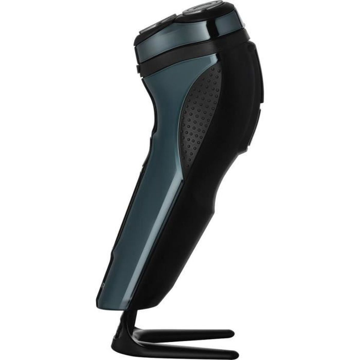 Un rasoio elettrico nero e blu scuro si trova su un supporto su uno sfondo bianco.