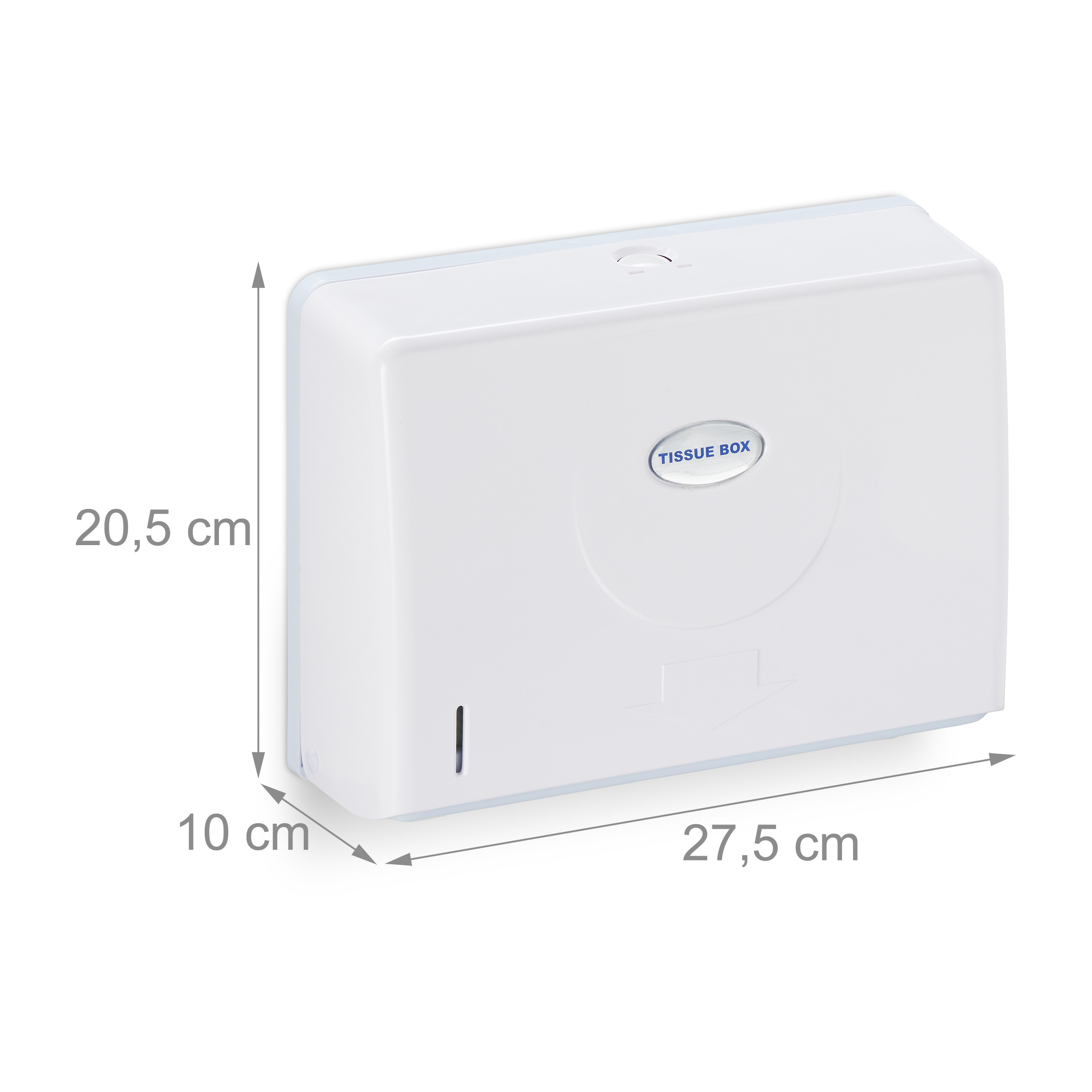 Eine weiße Kosmetiktuchbox mit den Maßen 27,5 cm Breite, 20,5 cm Höhe und 10 cm Tiefe.