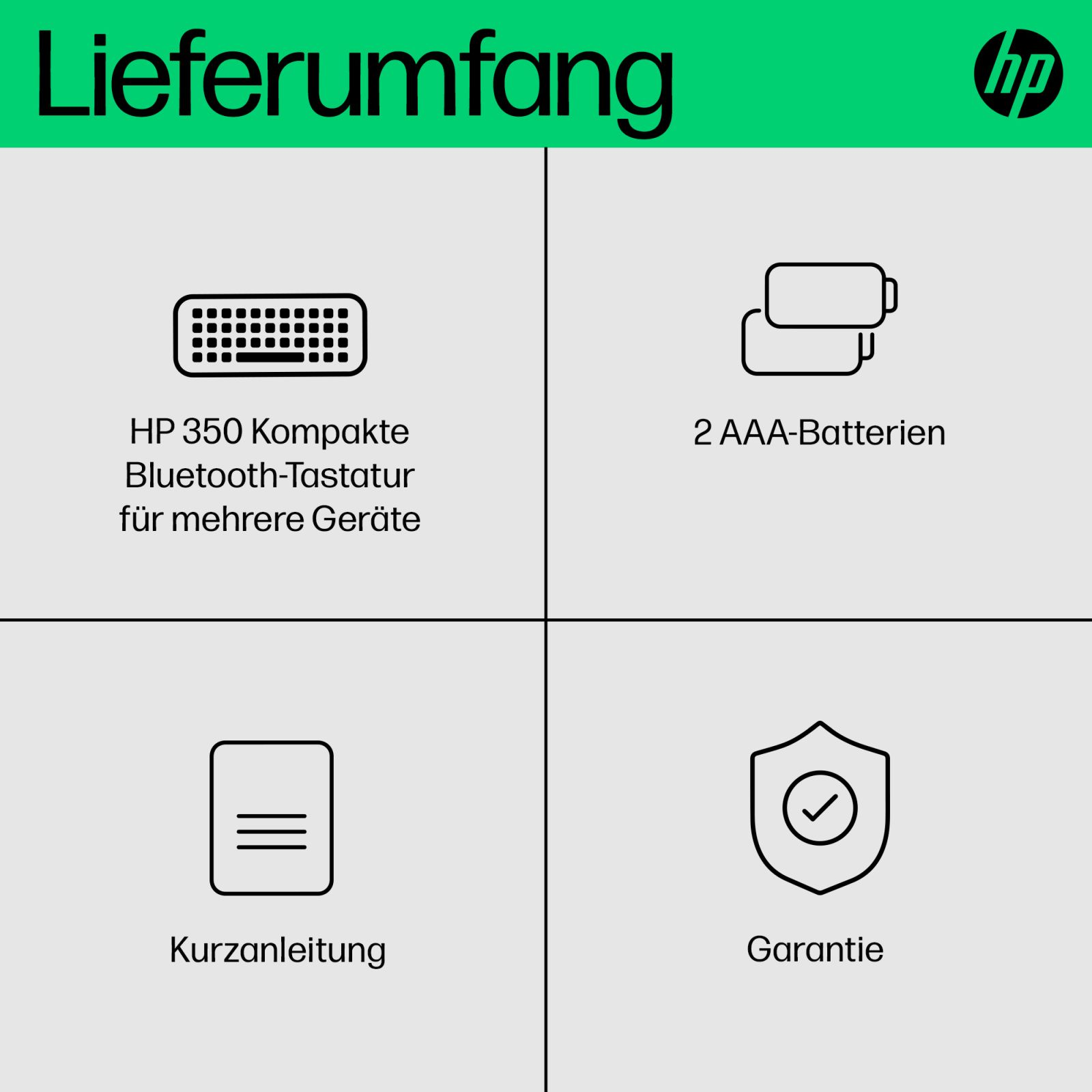 Lieferumfang: HP 350 Kompakte Bluetooth-Tastatur, 2 AAA-Batterien, Kurzanleitung, Garantie.
