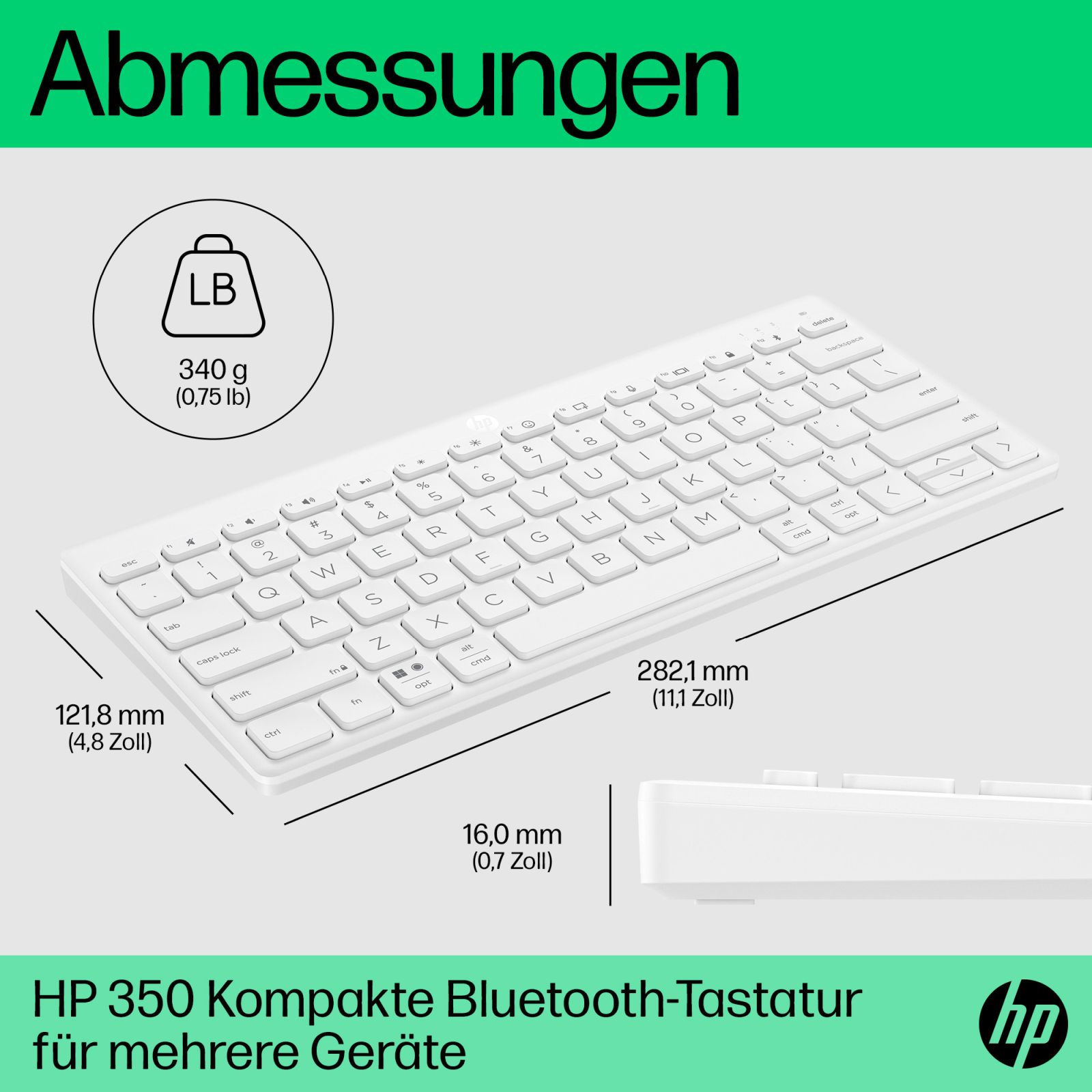 Weiße HP 350 Kompakte Bluetooth-Tastatur mit Maßangaben und Gewicht von 340 g auf grünem und weißem Hintergrund.