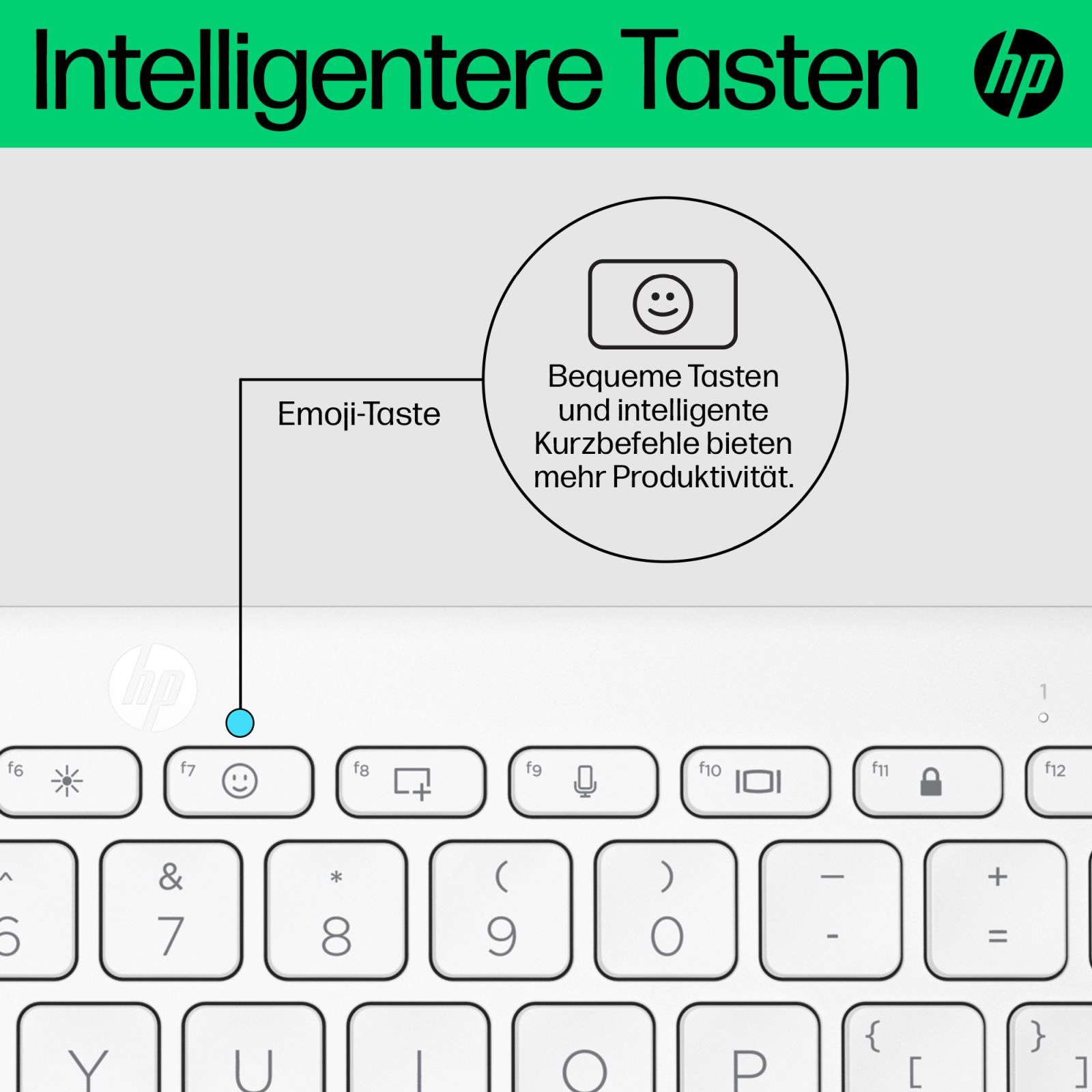 HP Tastaturdetail mit Emoji-Taste, Text und HP Logo oben.