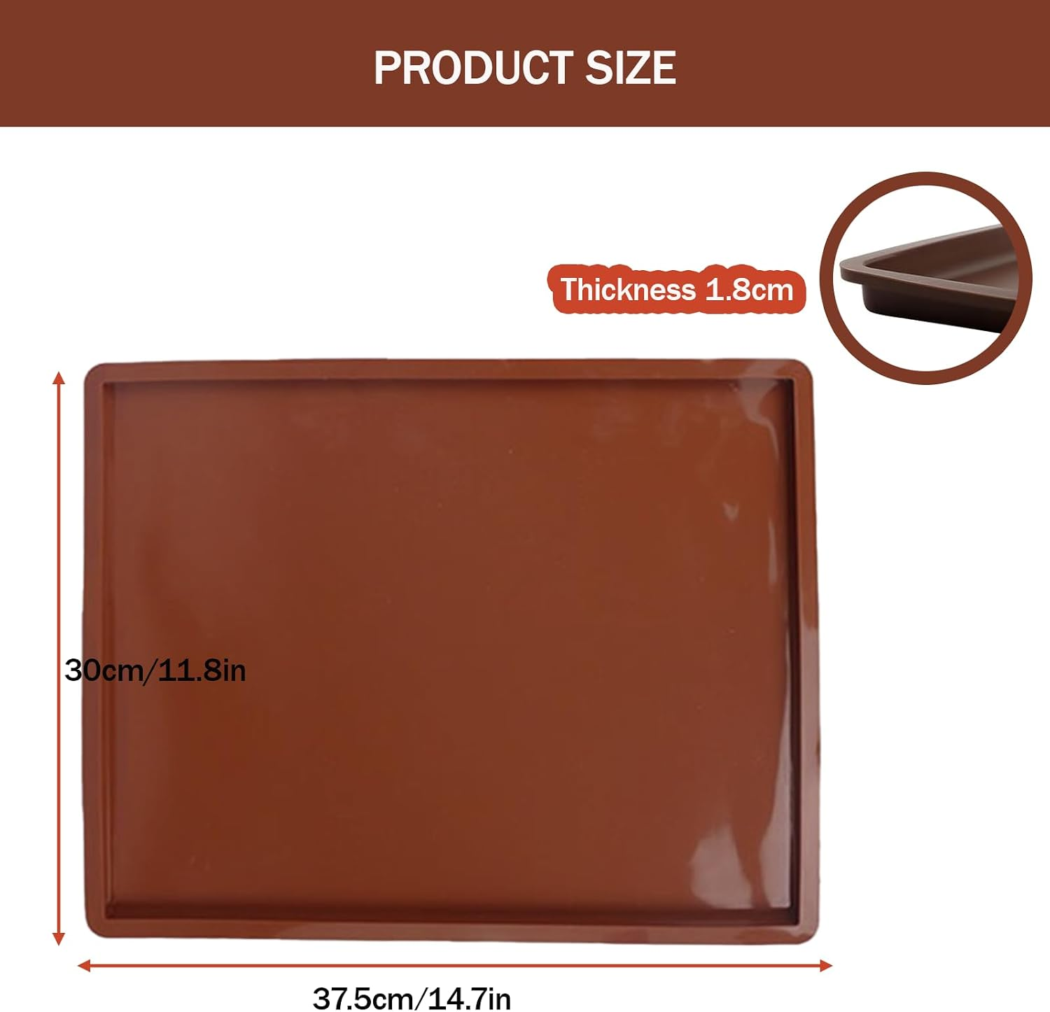 Produktgröße: Eine braune rechteckige Backform, 37,5x30 cm und 1,8 cm dick.
