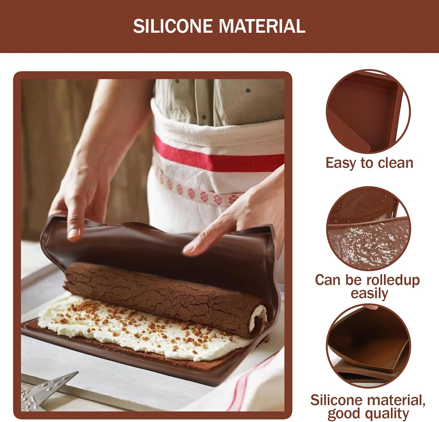 Person rollt einen Biskuitkuchen mit weißer Creme in einer braunen Silikonmatte.