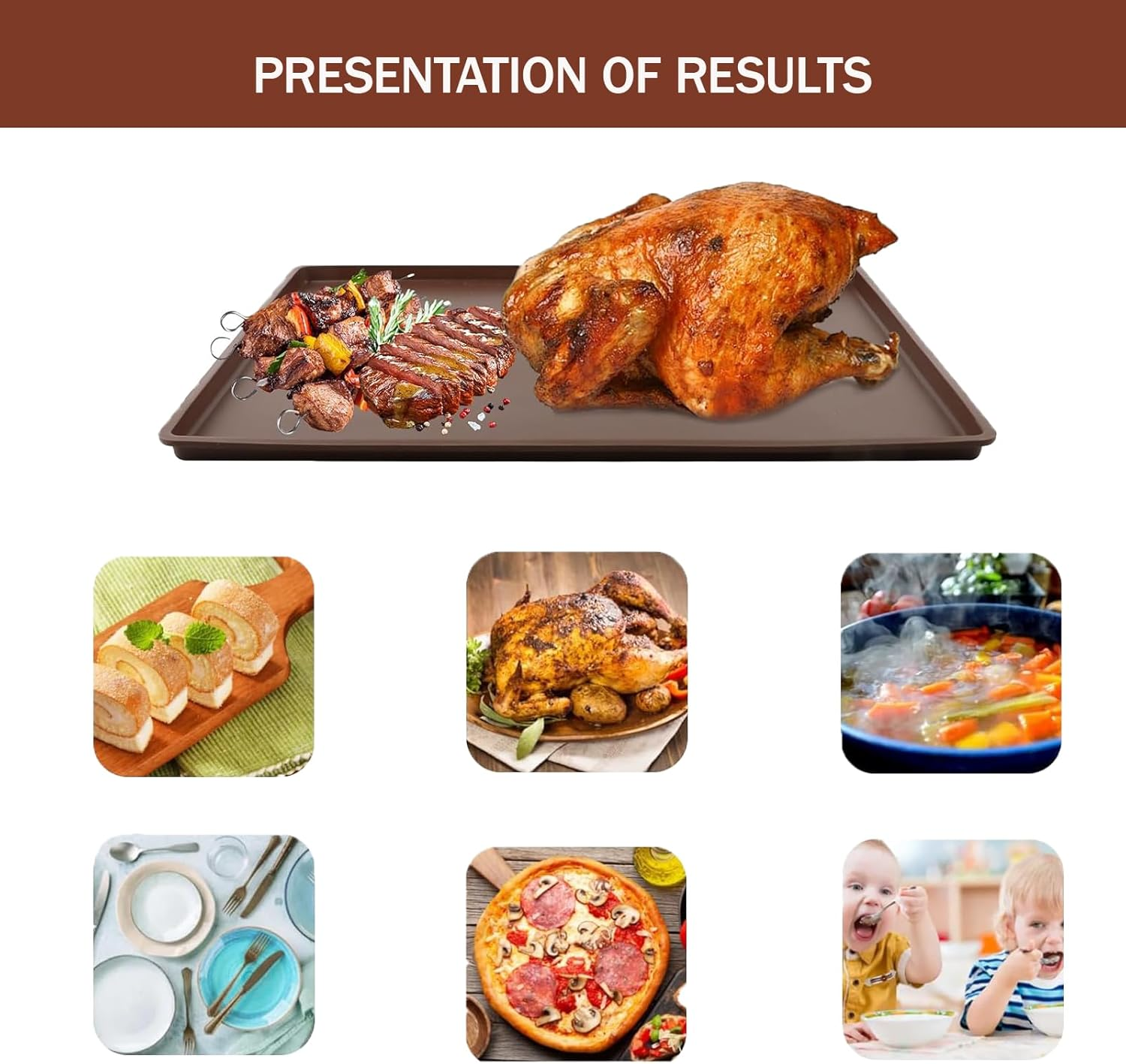 Präsentation von Ergebnissen mit gebratenem Hähnchen, Fleischspießen, Kuchen, Suppe, Geschirr, Pizza und essenden Kindern.