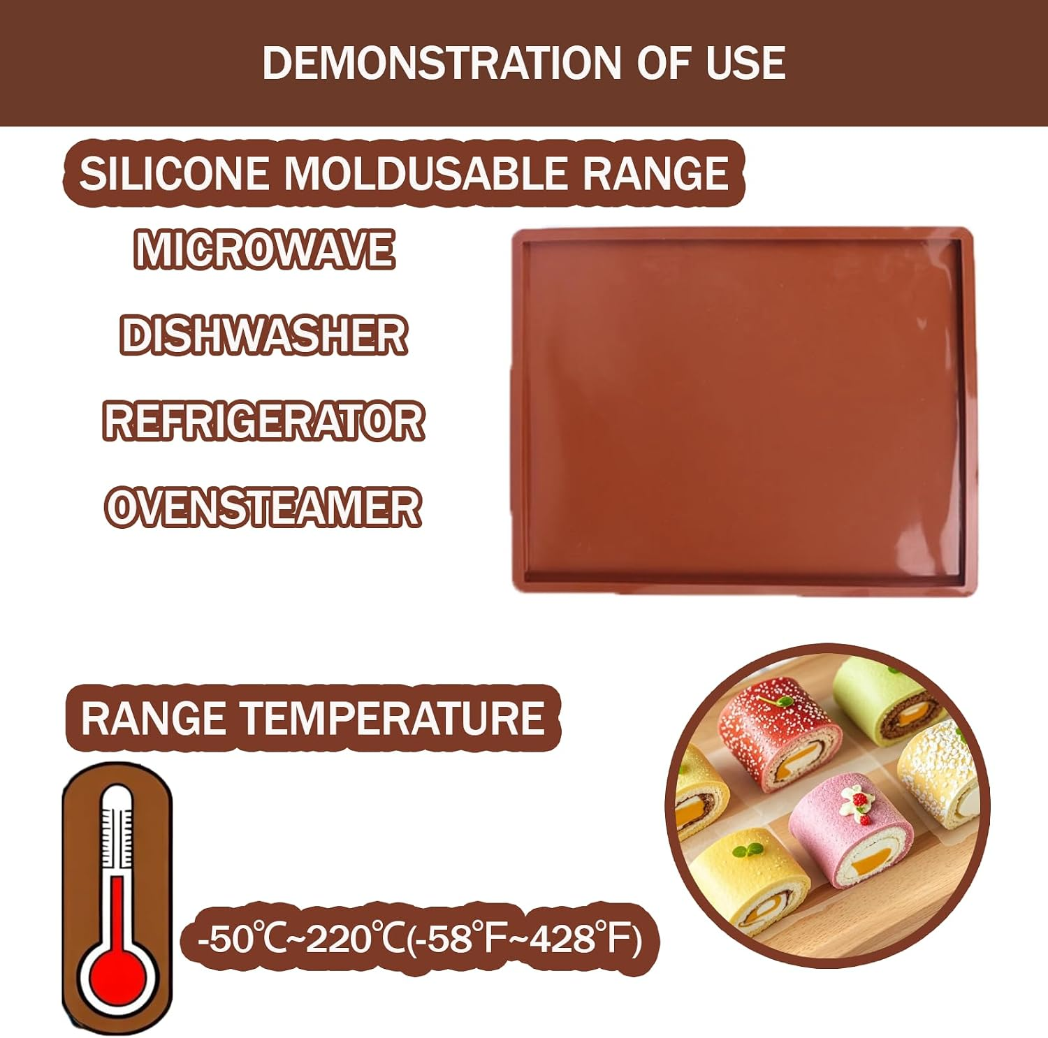 Silikonbackmatte mit Verwendungs- und Temperaturinfos und Kuchenrollen.