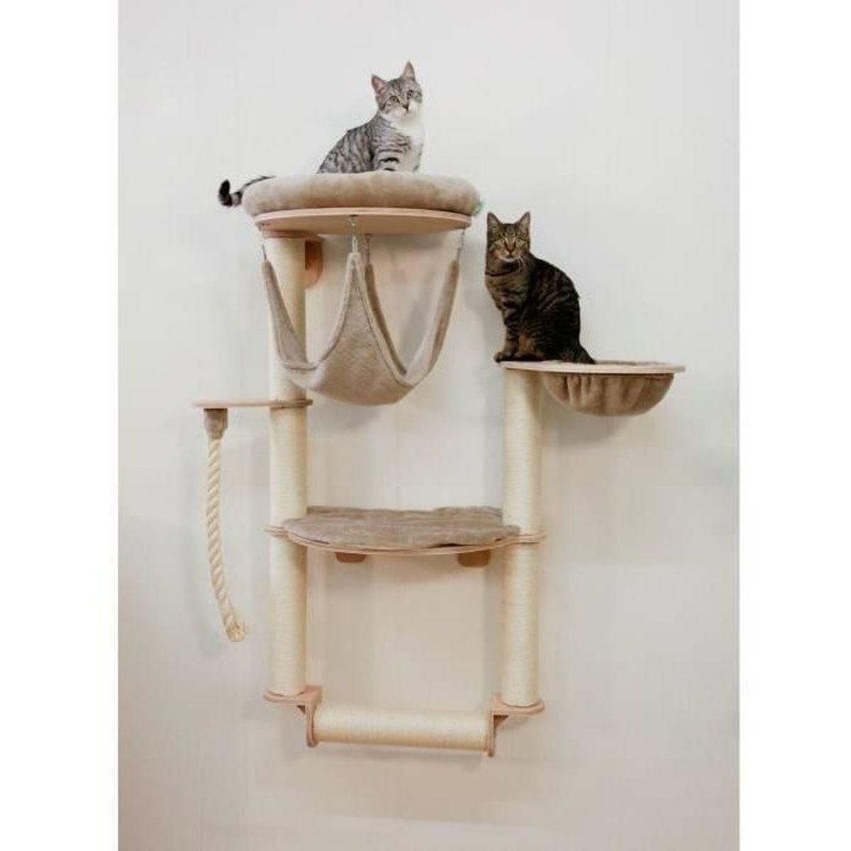 Zwei Katzen posieren auf einem wandmontierten, hellen Kratzbaum mit Hängematte vor einer weißen Wand.