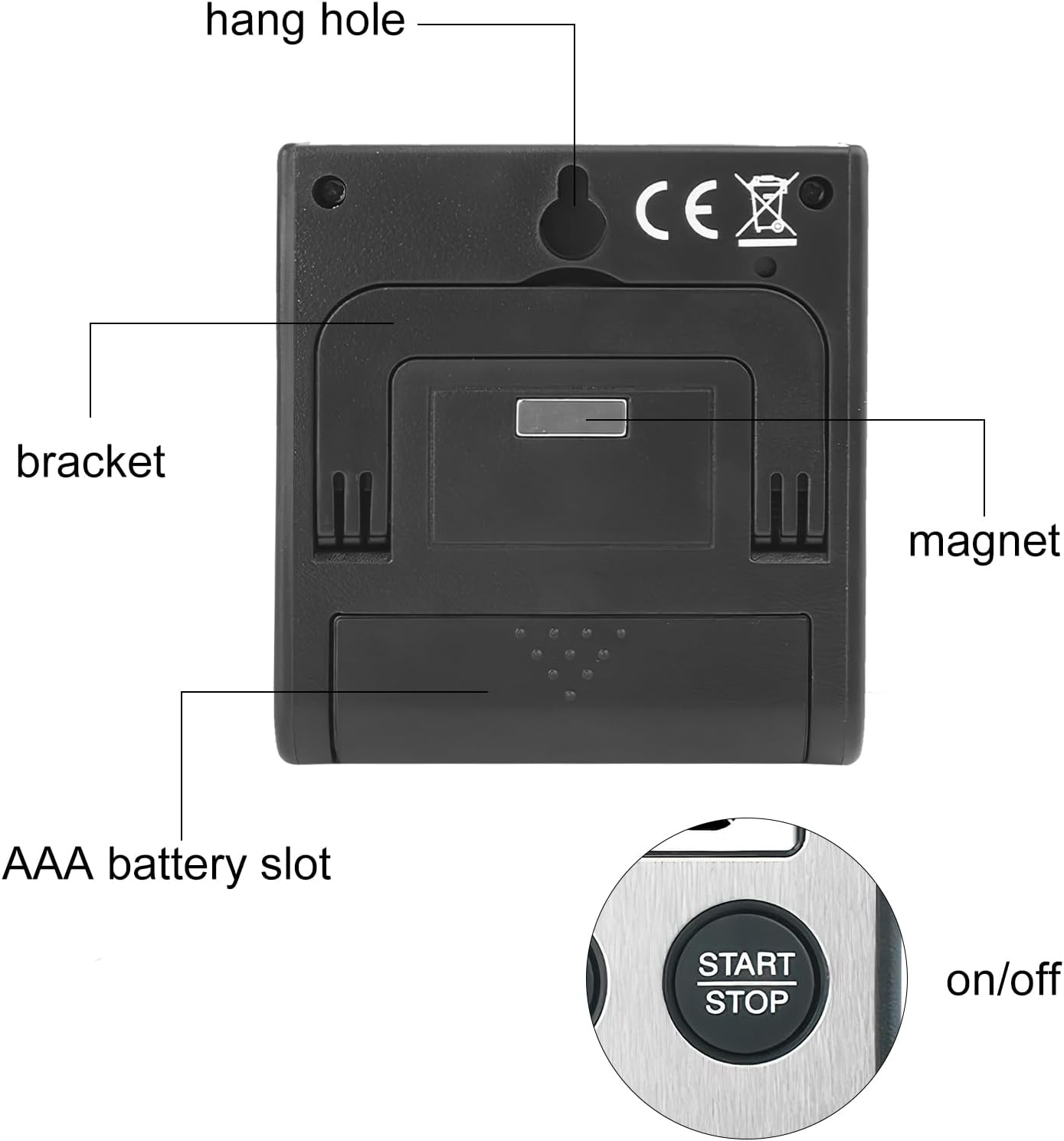 Rückseite eines digitalen Timers mit Aufhängeloch, Halterung, Magnet und AAA-Batteriefach.