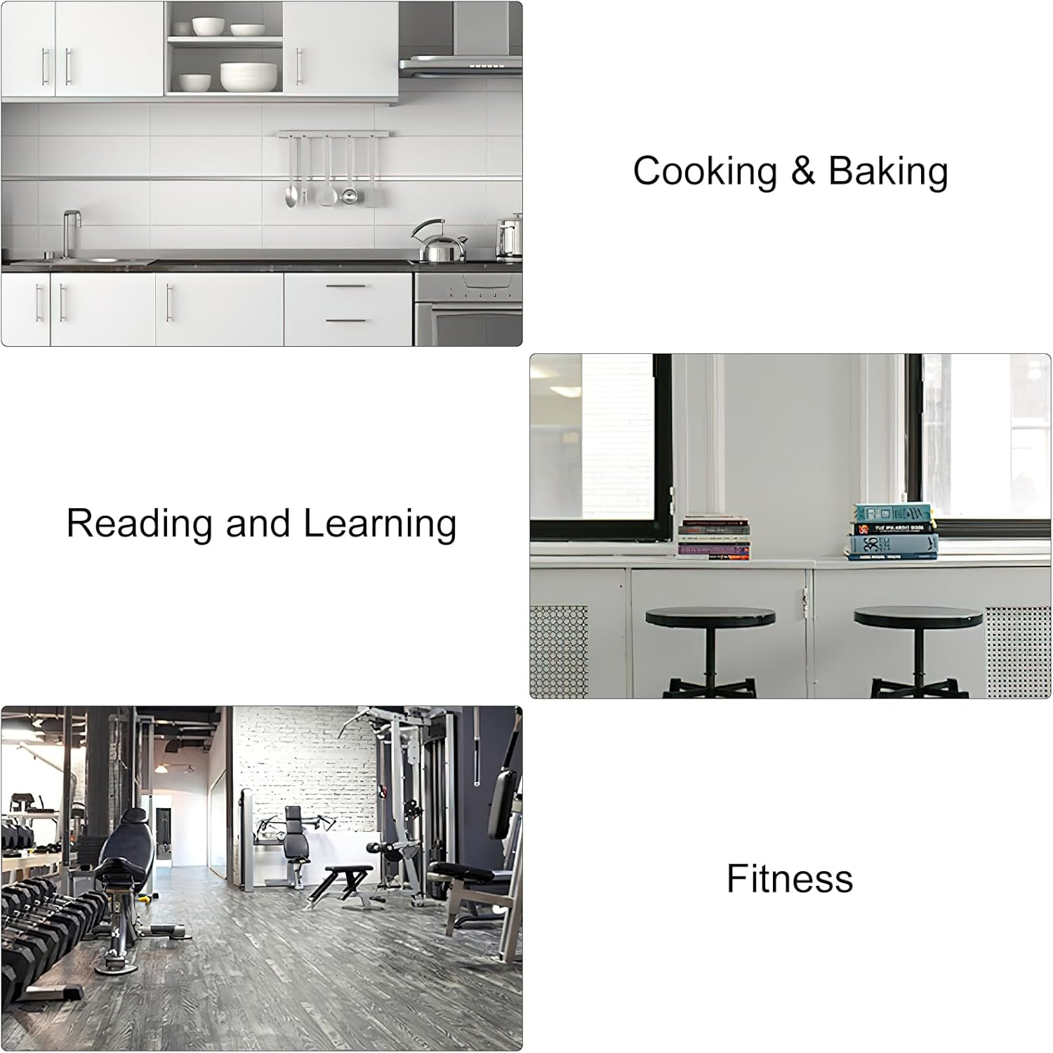 Drei Kacheln zeigen Küchenutensilien, Bücherstapel mit Hockern und ein Fitnessstudio.