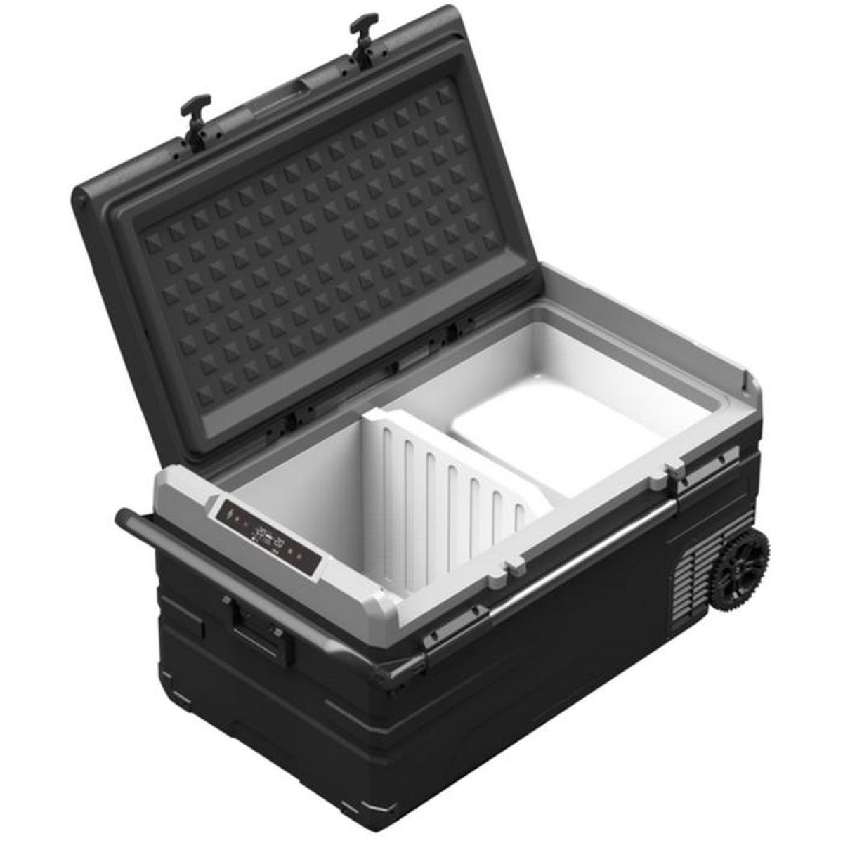 Un frigorifero portatile in bianco e nero con coperchio aperto, due scomparti e ruote.