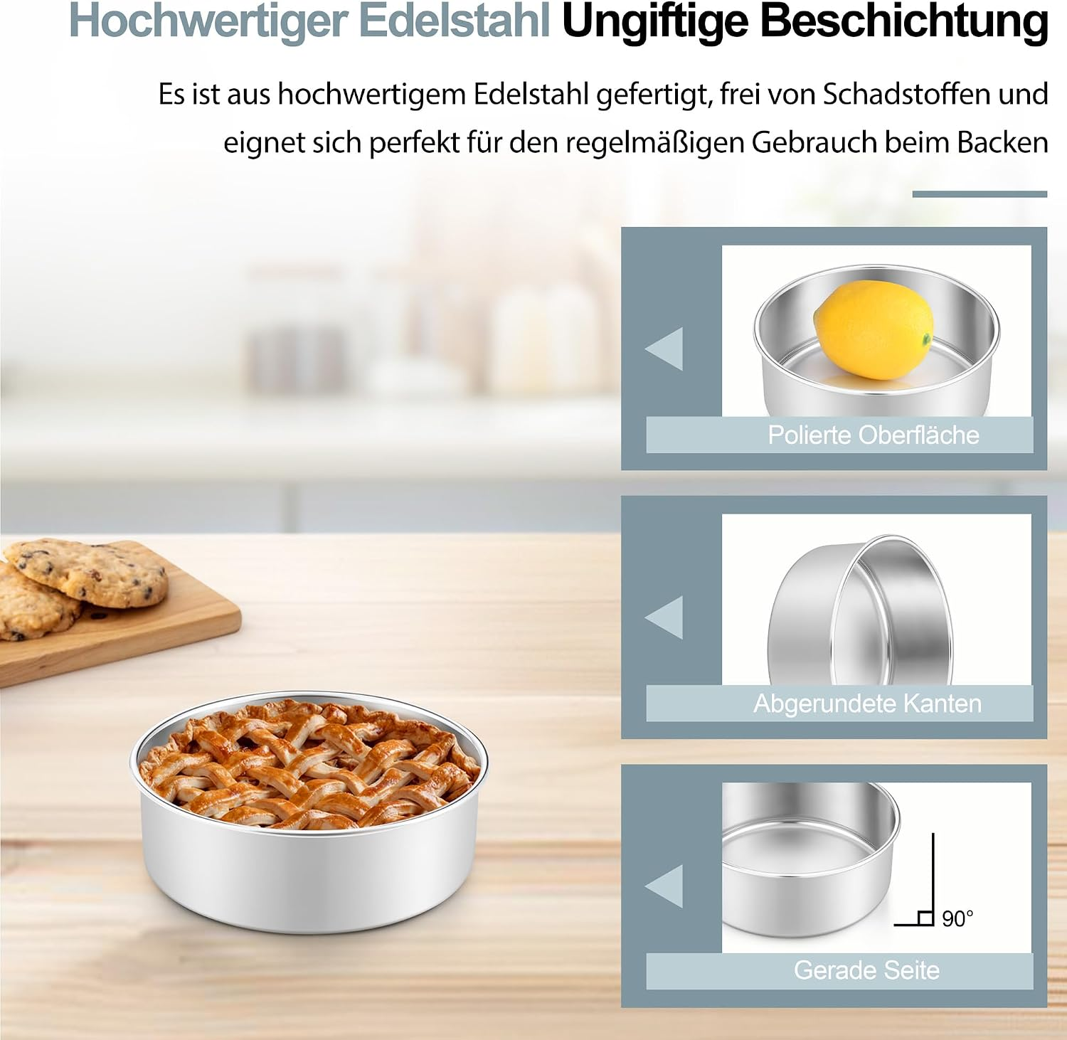 Edelstahl-Backform mit glänzender Oberfläche, abgerundeten Kanten und geraden Seiten.