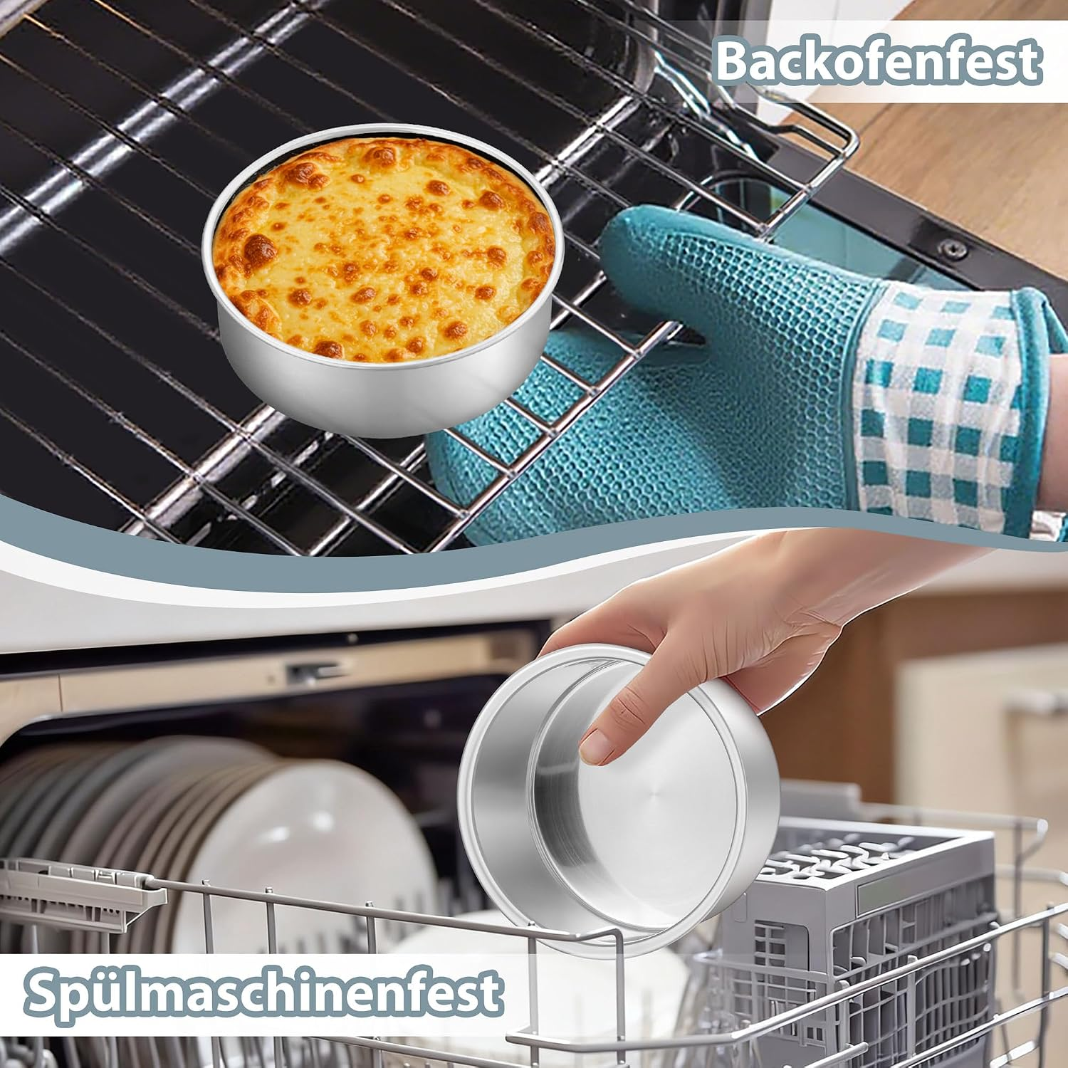 Eine Hand mit Ofenhandschuh hält eine Auflaufform im Ofen, darunter eine Hand, die eine Schüssel in die Spülmaschine gibt.
