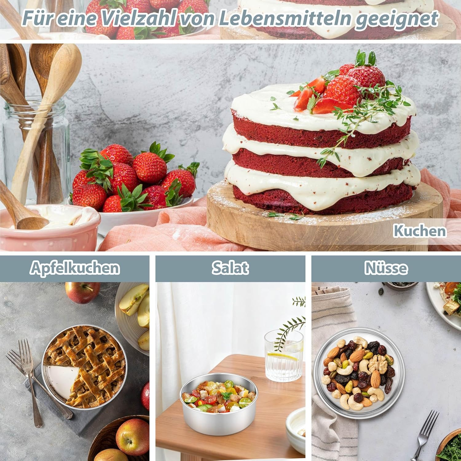 Eine Collage zeigt Kuchen, Apfelkuchen, Salat und Nüsse in Schüsseln.