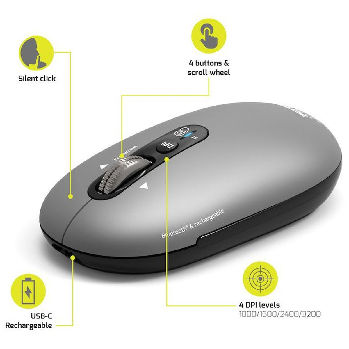 Graue, kabellose Maus mit USB-C, leisen Klicks, Scrollrad, 4 Tasten und 4 DPI-Stufen auf weißem Hintergrund.