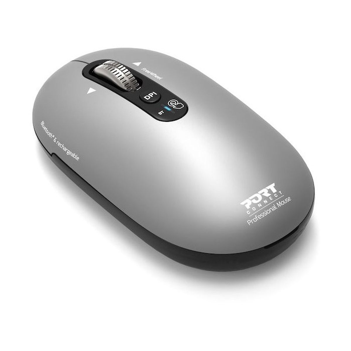 Eine silberne, kabellose Professional Maus mit Scrollrad und DPI-Taste auf weißem Hintergrund.