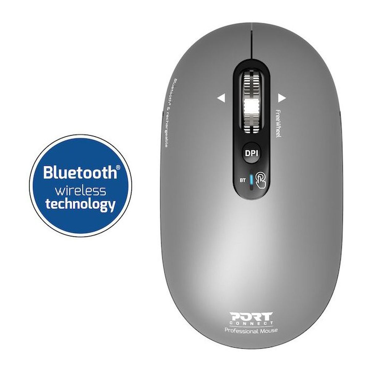 Eine elegante, graue kabellose Computermaus mit Scrollrad, DPI-Taste und einem Bluetooth-Logo neben einem blauen Abzeichen.