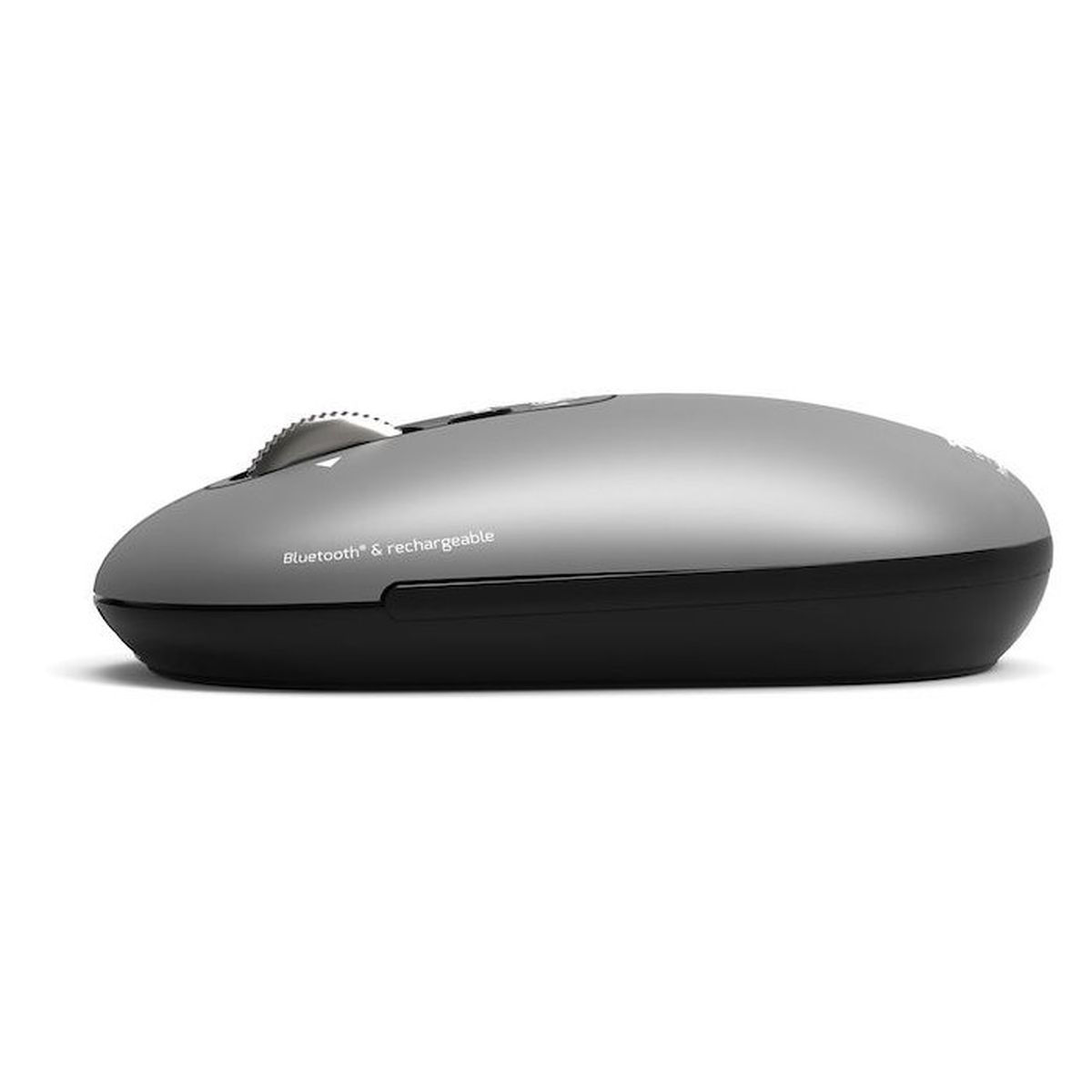 Eine graue und schwarze Bluetooth- und wiederaufladbare Computermaus auf weißem Hintergrund.
