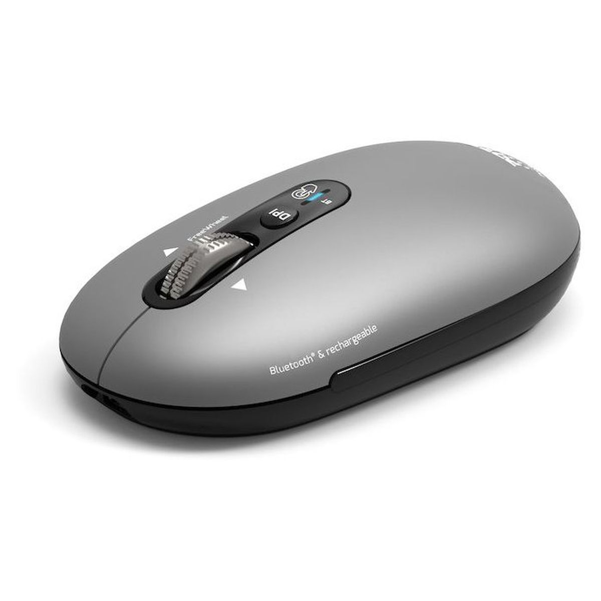 Eine graue und schwarze kabellose Bluetooth-Maus mit Scrollrad und DPI-Taste auf weißem Hintergrund.