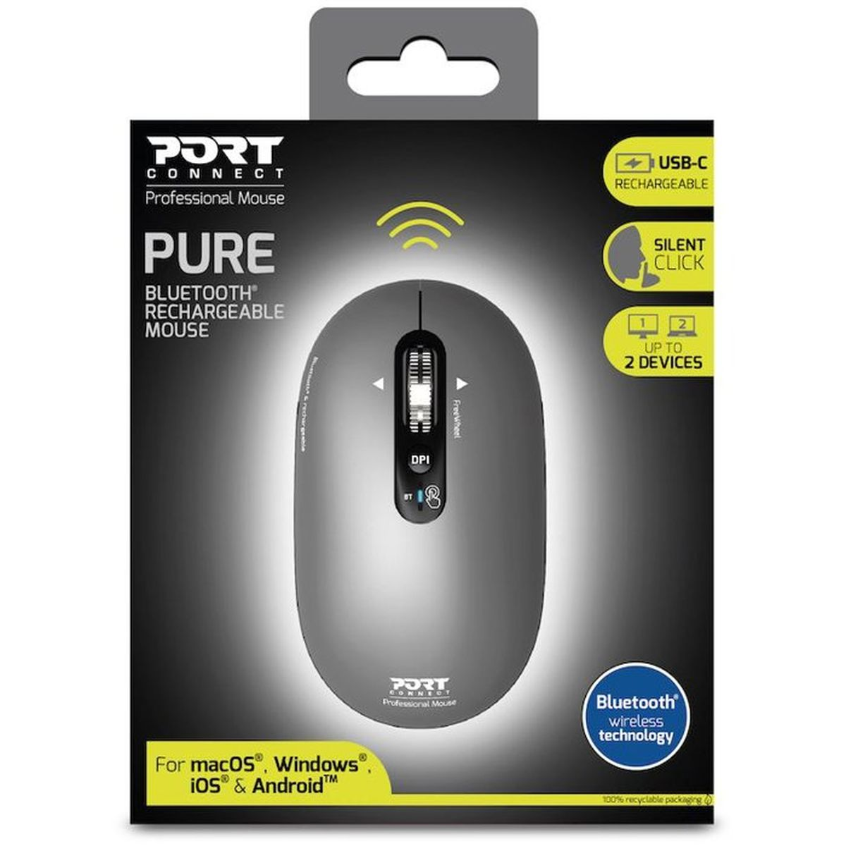 Verpackung der schwarzen Port Connect Pure Bluetooth-Maus mit kabellosen und wiederaufladbaren Funktionen.