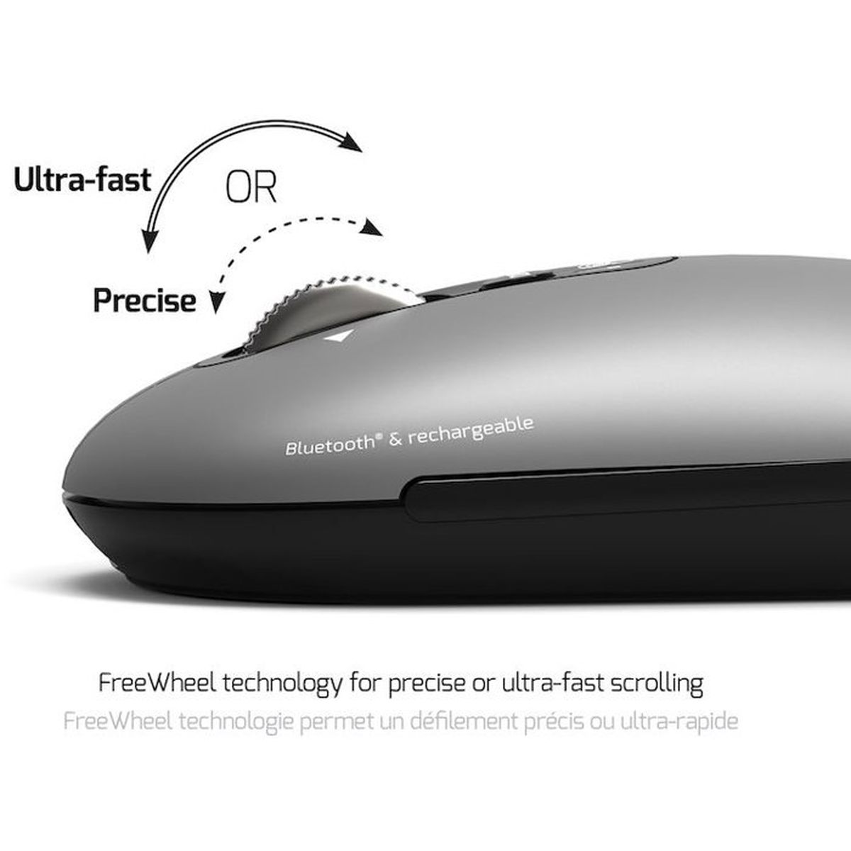 Eine graue Bluetooth-Maus mit Freewheel-Technologie für präzises oder schnelles Scrollen.