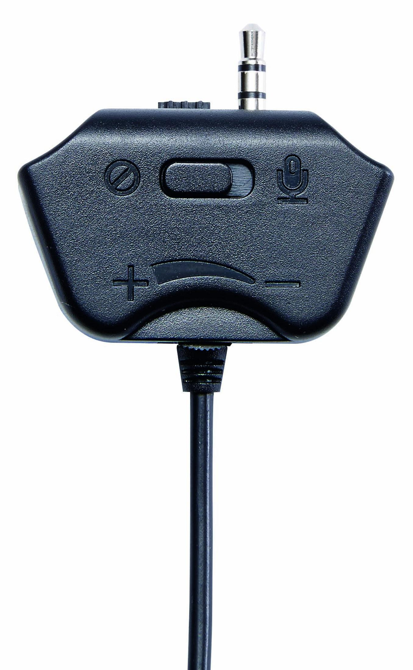 Schwarzes Audio-Bedienteil mit Kabel, Mikrofonsymbol und Lautstärkeregler.