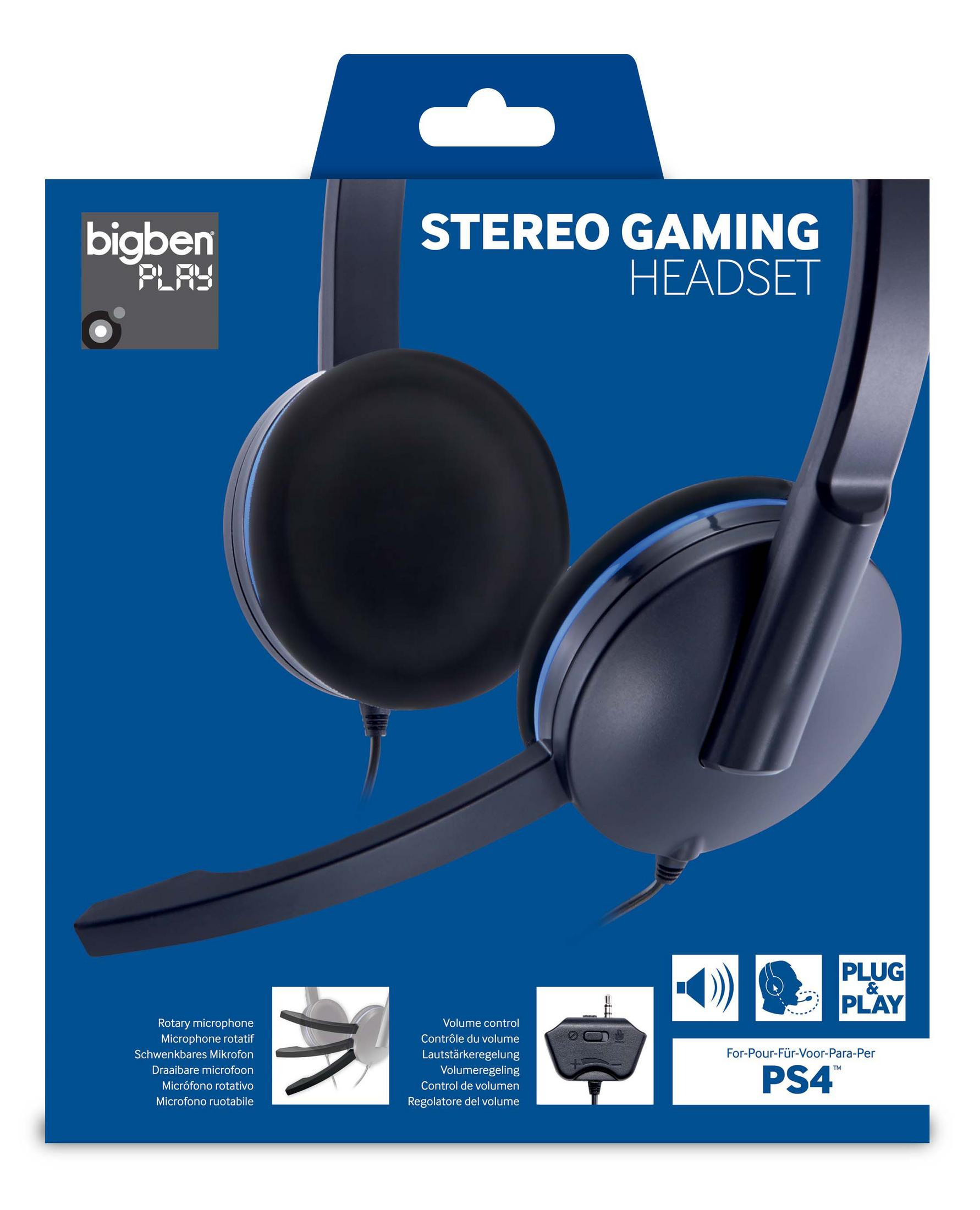 Blaue Bigben Play Stereo Gaming Headset Verpackung mit Kopfhörer- und Mikrofonabbildung.