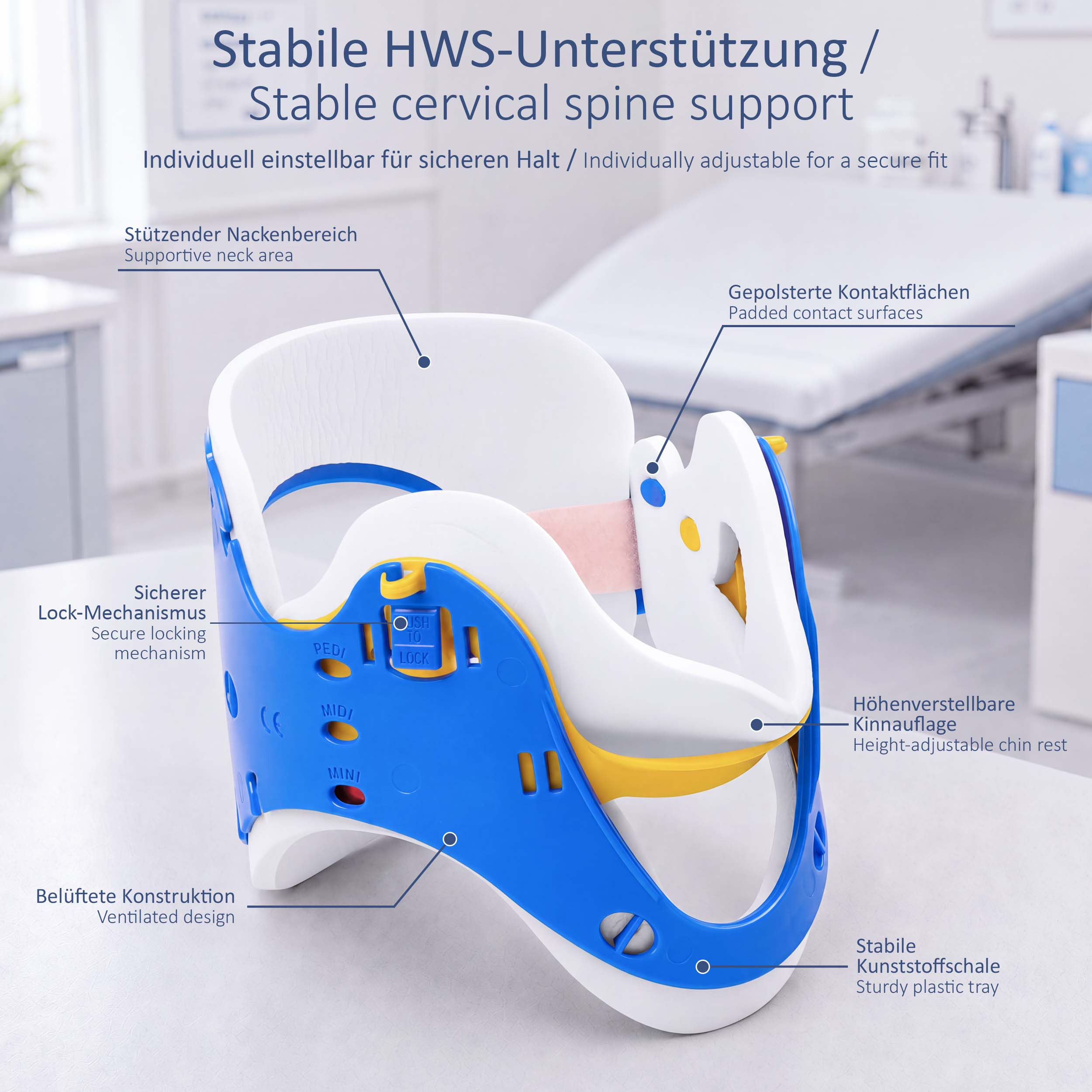 Medizinische Halskrause mit blauen und weißen Kunststoffteilen sowie Beschriftungen zu Funktionen in Klinik.