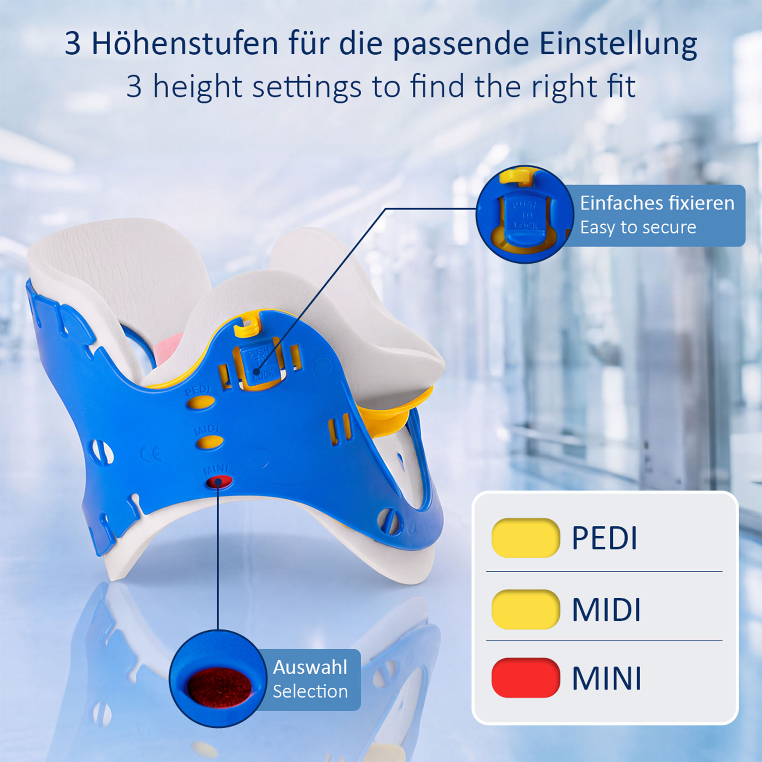 Blaue Halskrause mit drei Höheneinstellungen PEDI, MIDI und MINI sowie einfachem Verriegelungsmechanismus.