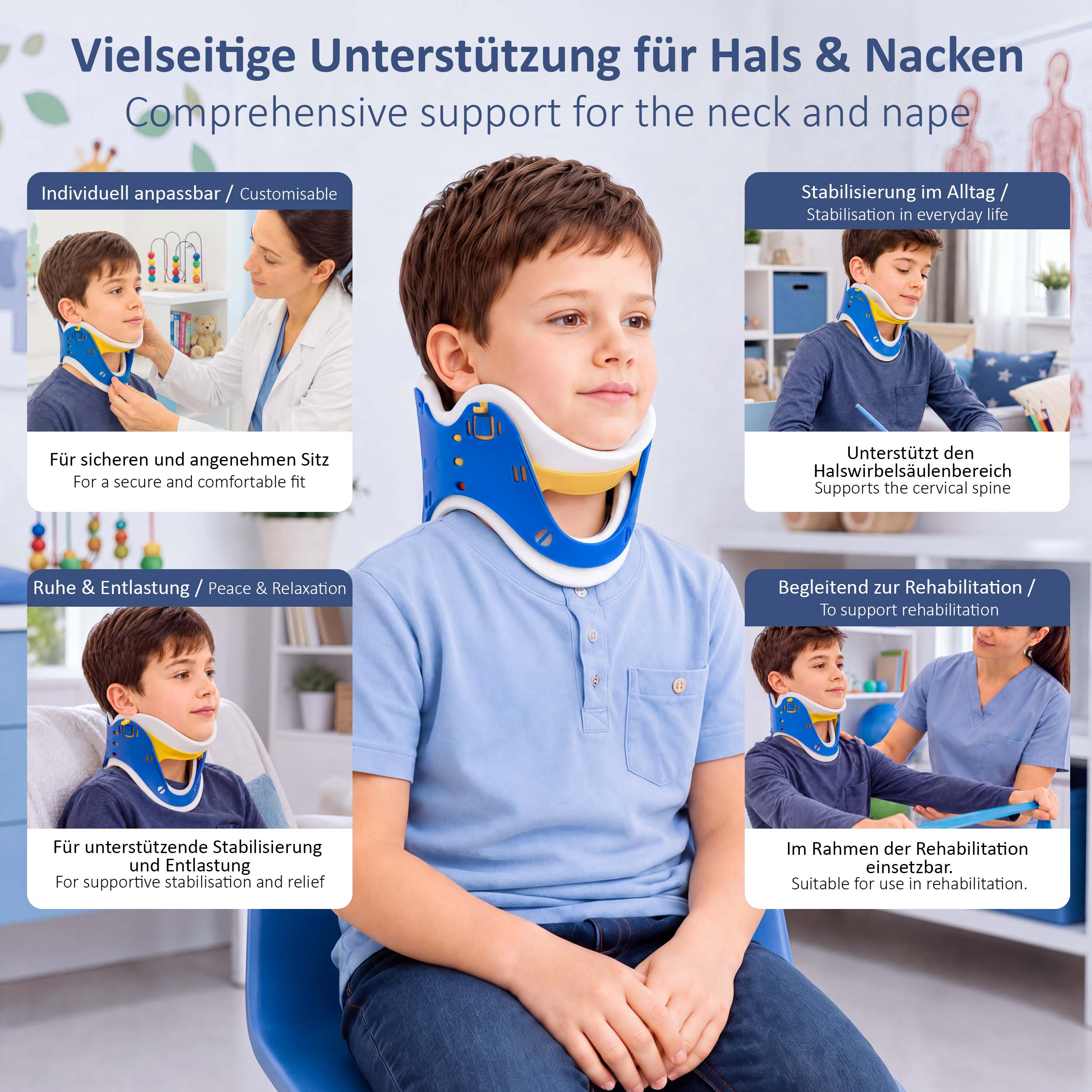 Ein Junge trägt eine blaue und gelbe Halskrause, umgeben von Bildern, die verschiedene Anwendungen im Alltag zeigen.