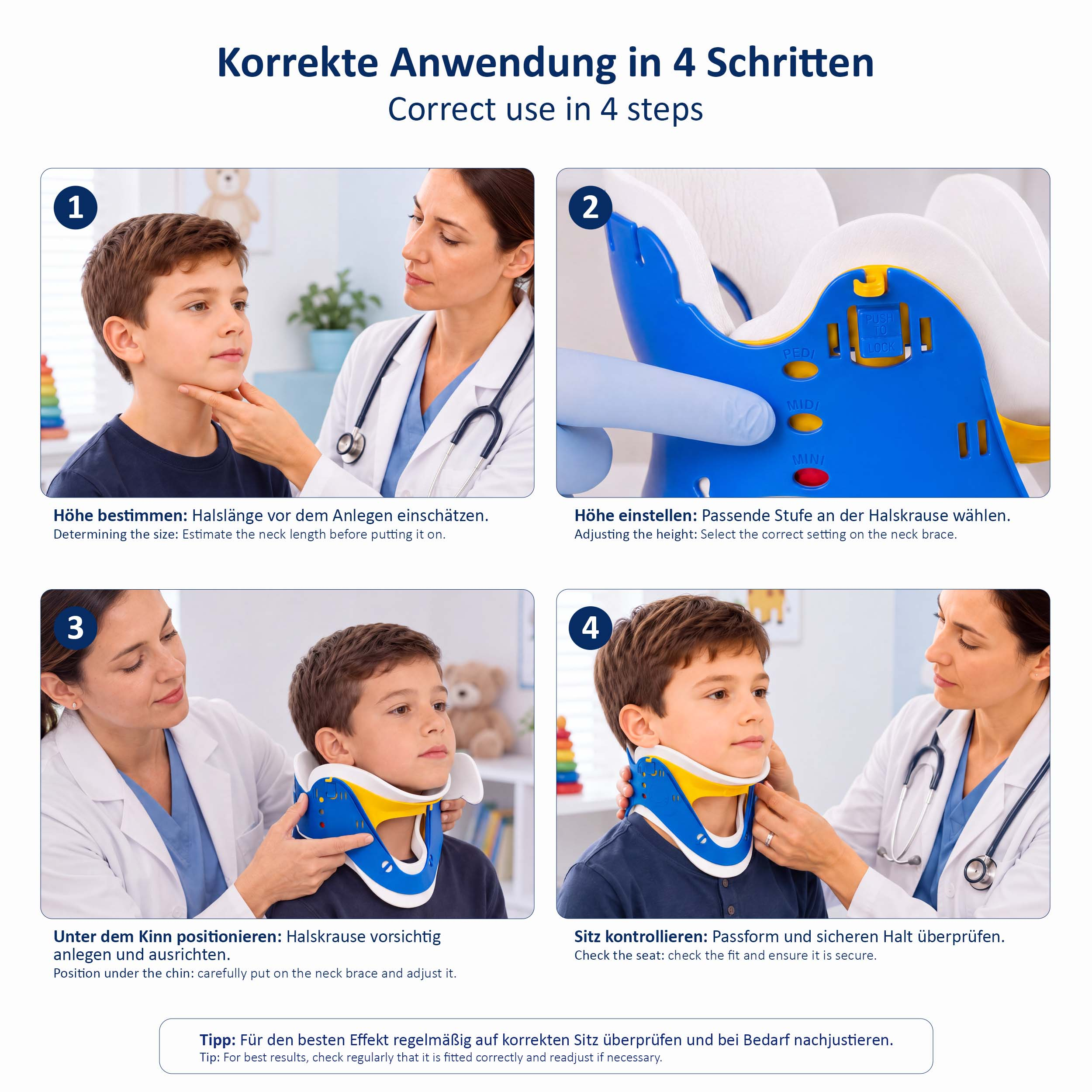 Vier Schritte zur richtigen Anwendung einer Halskrause bei einem Jungen durch eine Ärztin.