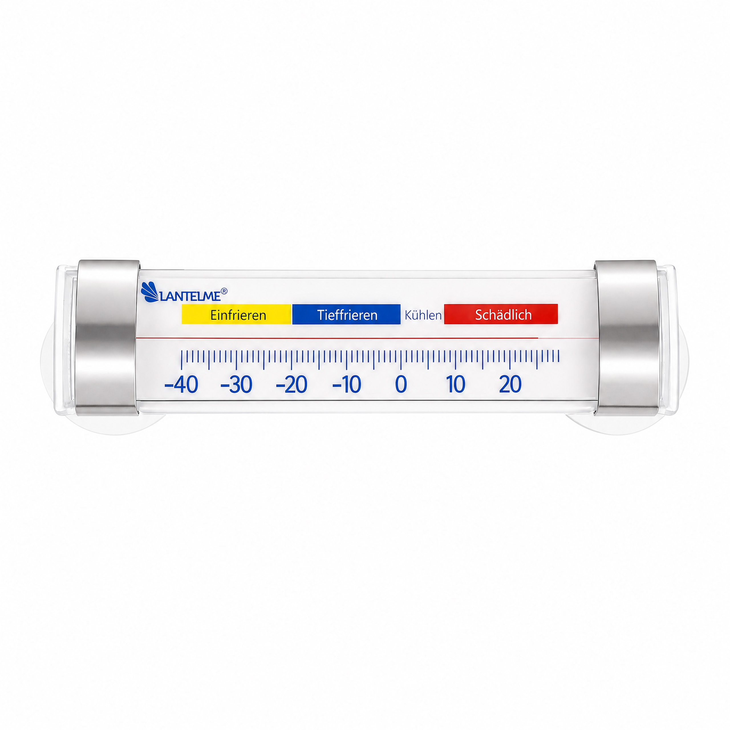 Ein horizontales Kühlschrankthermometer mit blauen Skalen von -40 bis 20 Grad und farbigen Zonen.