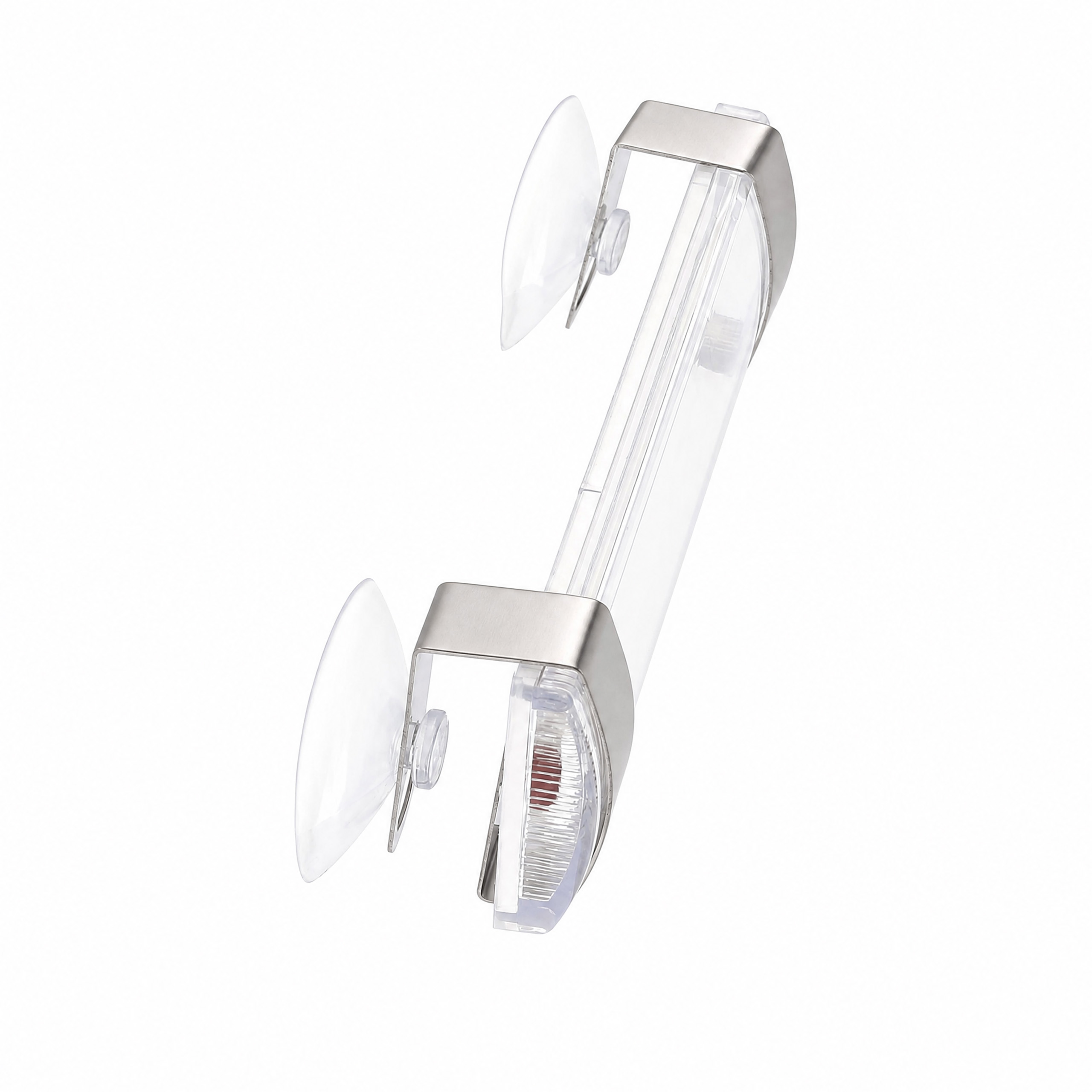 Transparenter Handtuchhalter mit Edelstahlclips und zwei Saugnäpfen auf weißem Grund.