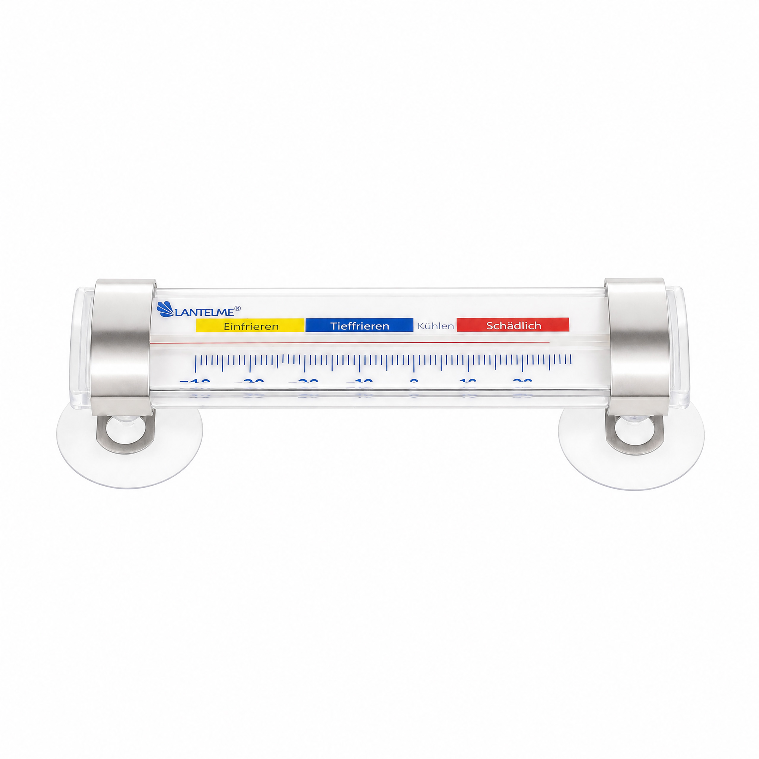 Ein weißes Kühlschrankthermometer mit gelben, blauen und roten Bereichen und zwei Saugnäpfen.